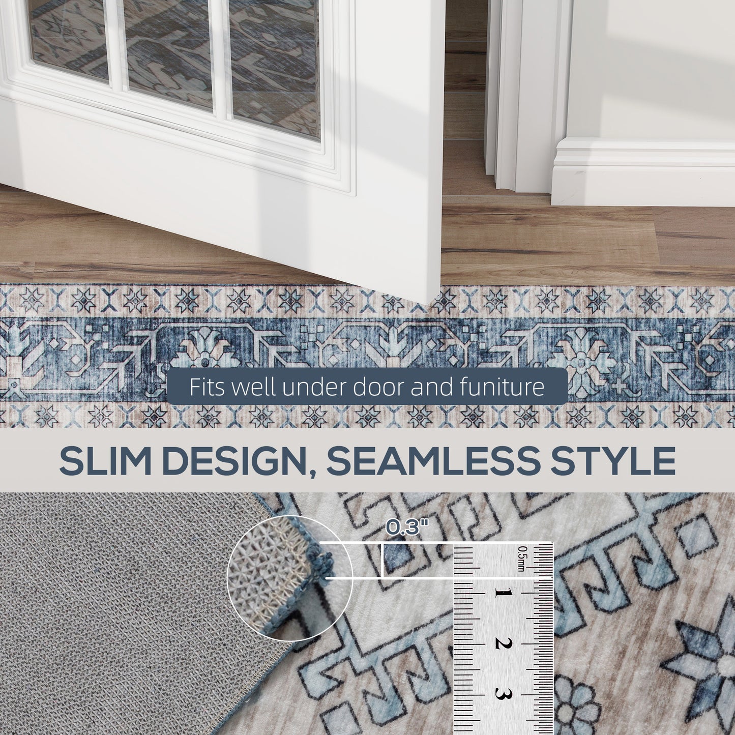 4x6 Vintage Washable Area Rug - Non-Slip Blue Carpet