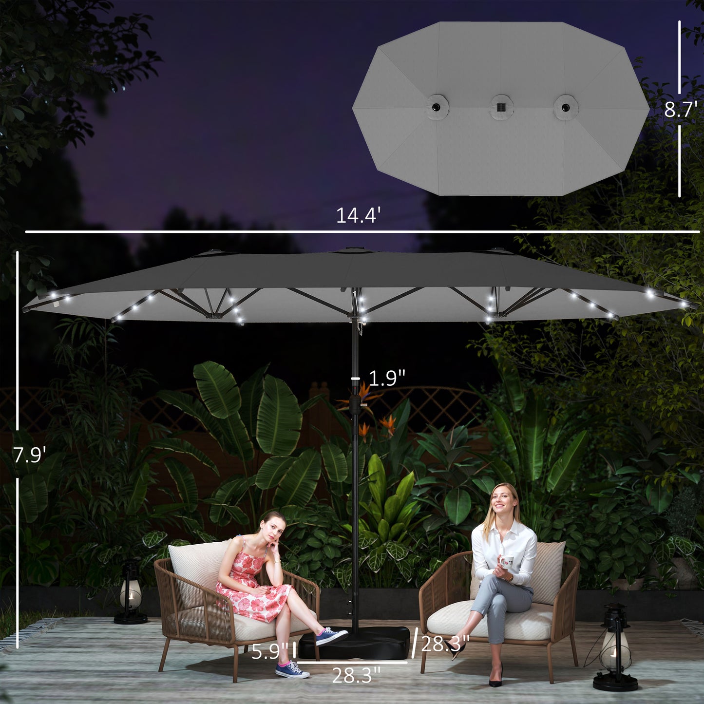 Double-Sided 14.4ft Garden Parasol with Solar LED Lights - Gray