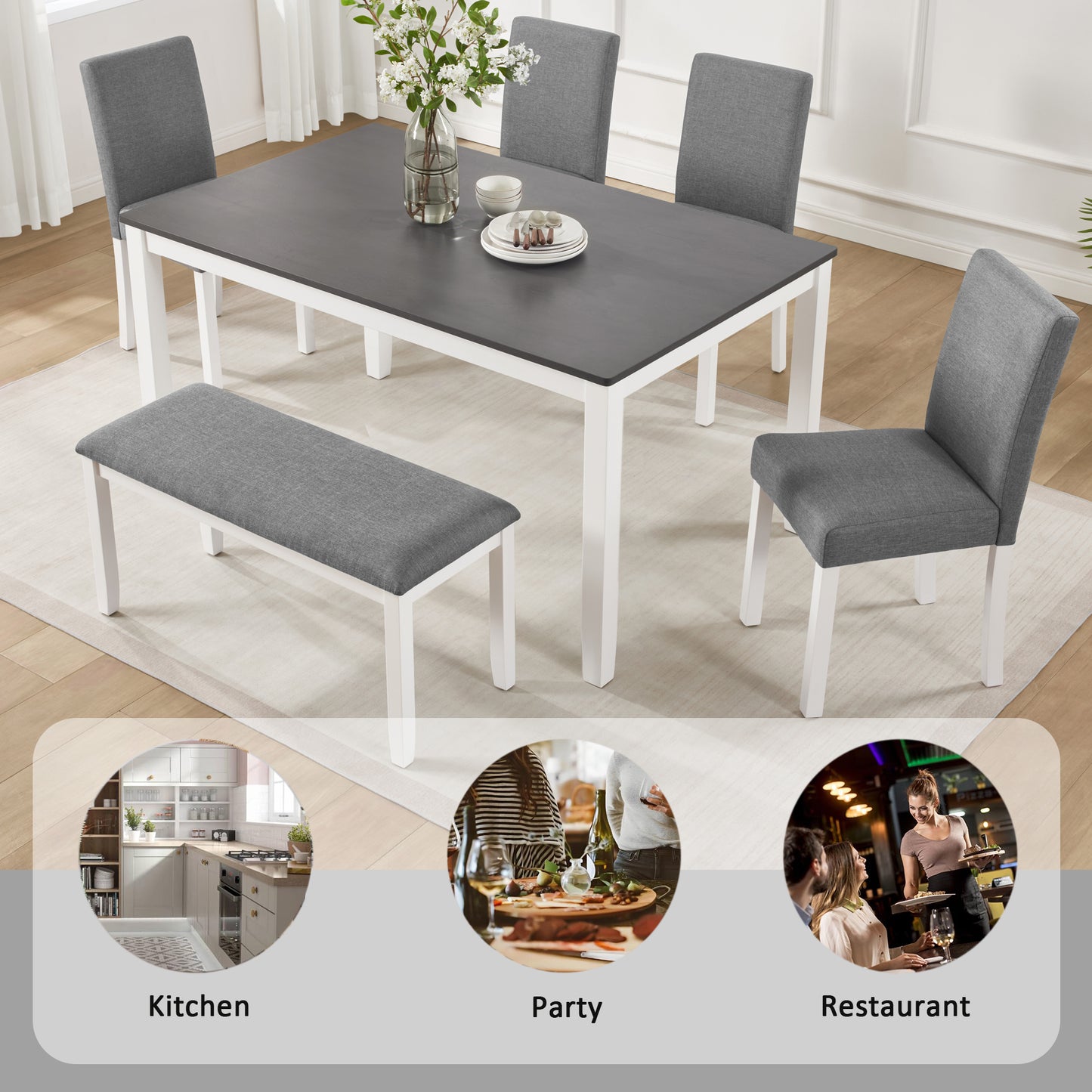 6-Piece Wooden Dining Table Set with Bench & Chairs - Grey/White