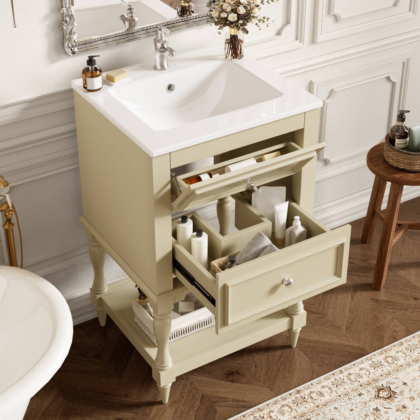 20'' Beige Bathroom Vanity with Ceramic Sink & 2 Drawers