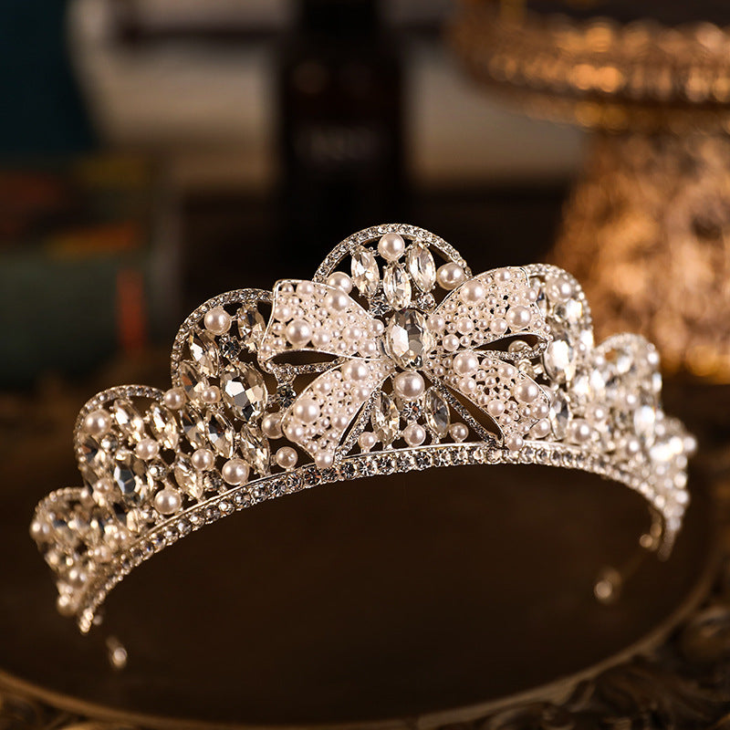 Rhinestone Pearl Crown Hair Hoop - Silver