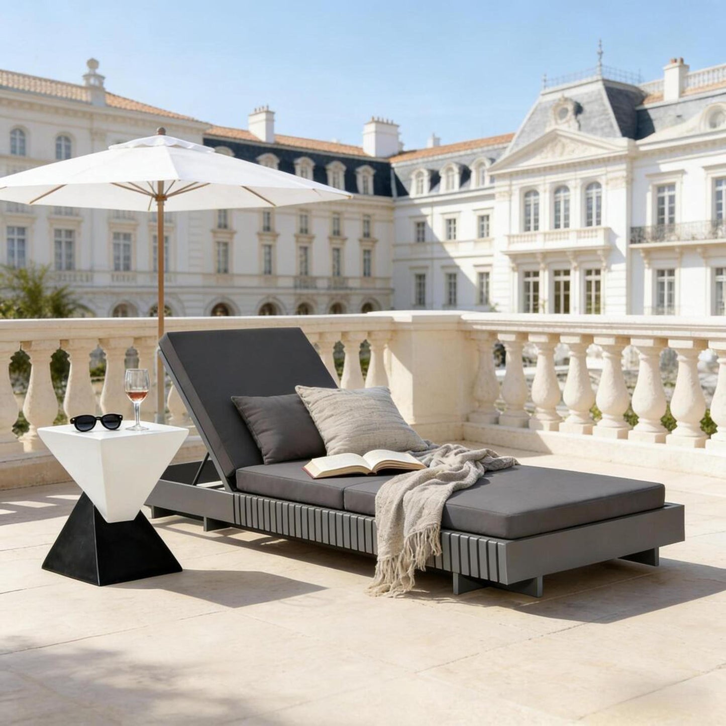 Outdoor Chaise Lounge - Dark Grey Acacia Wood with Cushion