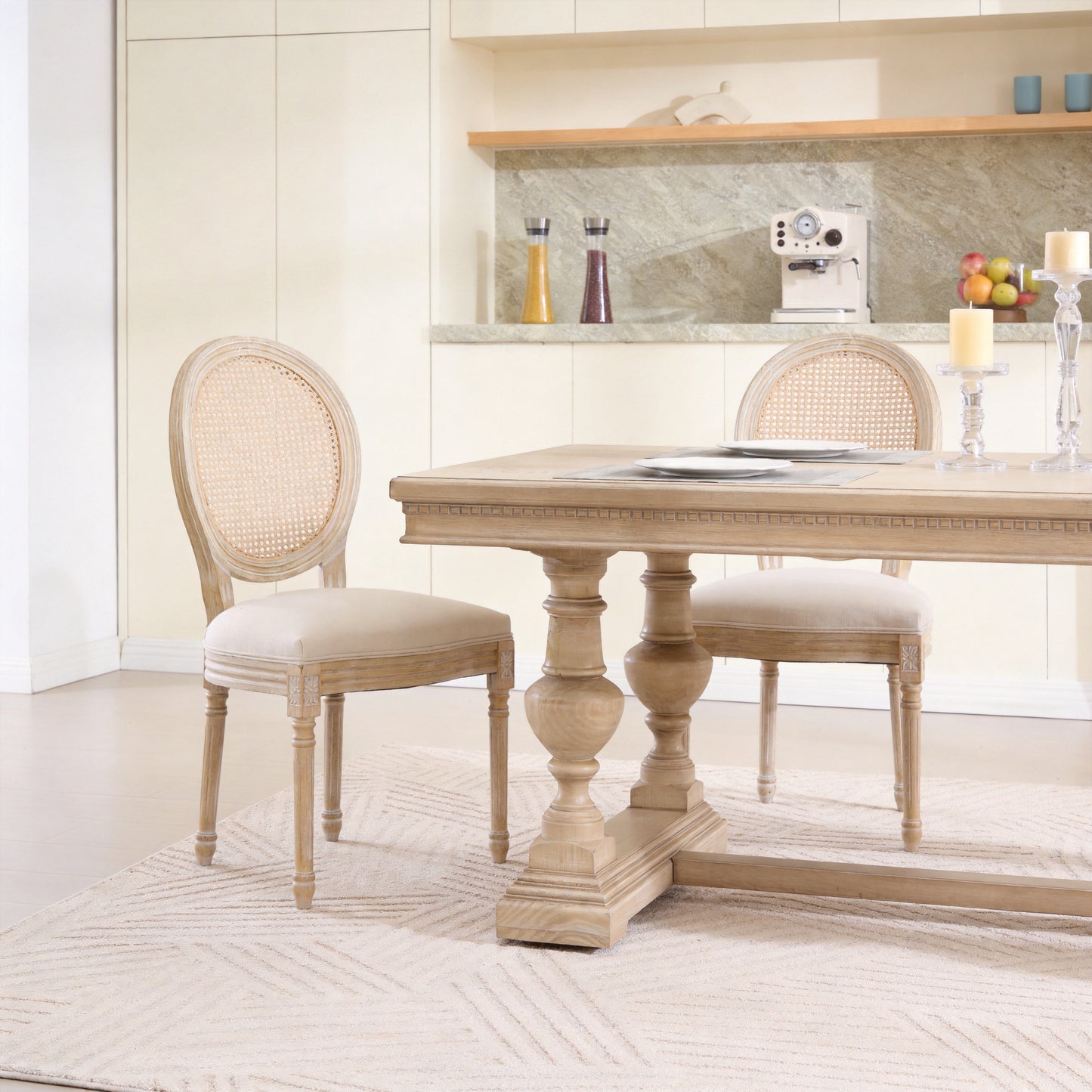 French Country Dining Chairs Set of 2 - Upholstered Rattan Back
