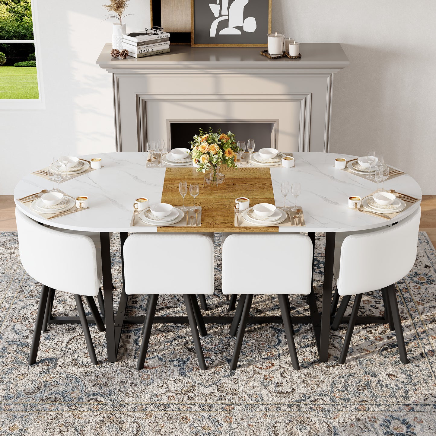 9-Piece Oval Dining Table Set, Fixed White Faux Marble & Wood Grain