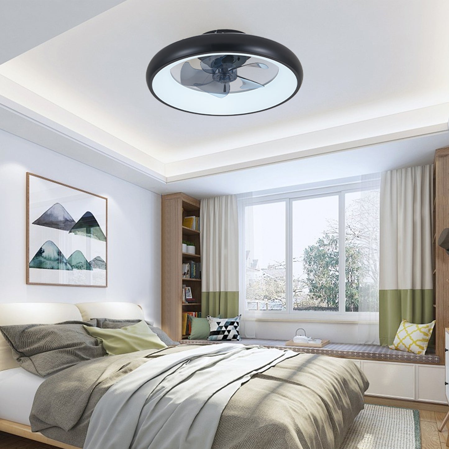 Black LED Ceiling Fan Light with Remote Control - Dimmable, 6-Speed