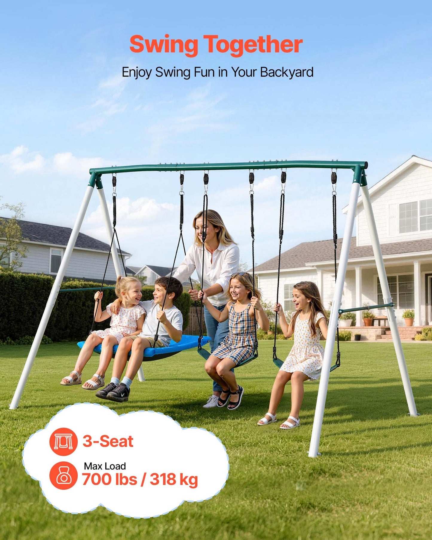 Heavy Duty Backyard Swing Set with 3 Seats - 700 Lb Capacity, Metal Frame, Ground Anchors
