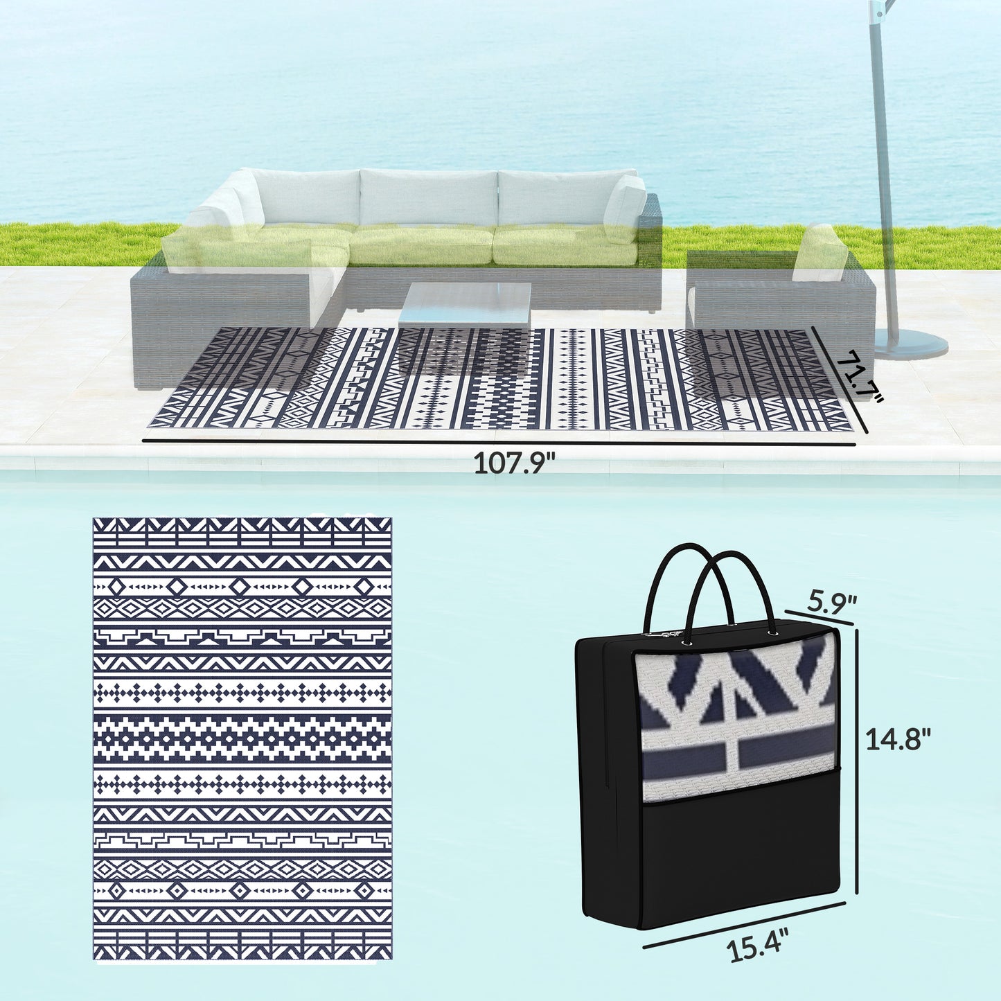 Reversible Outdoor Rug - Waterproof Polypropylene, 6' x 9', Blue & White Geometric