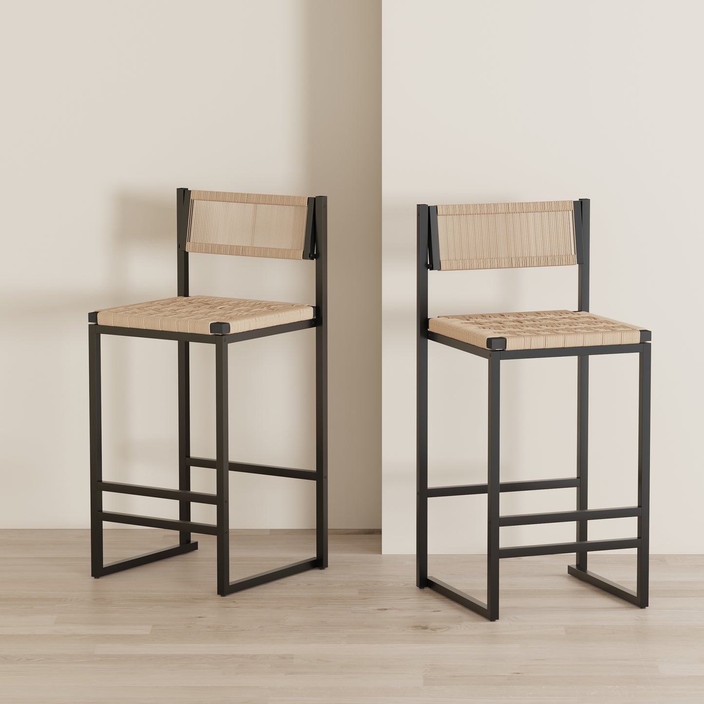 Set of 2 Kitchen Bar Stools with Footrest - Paper Rope Weave, Honey