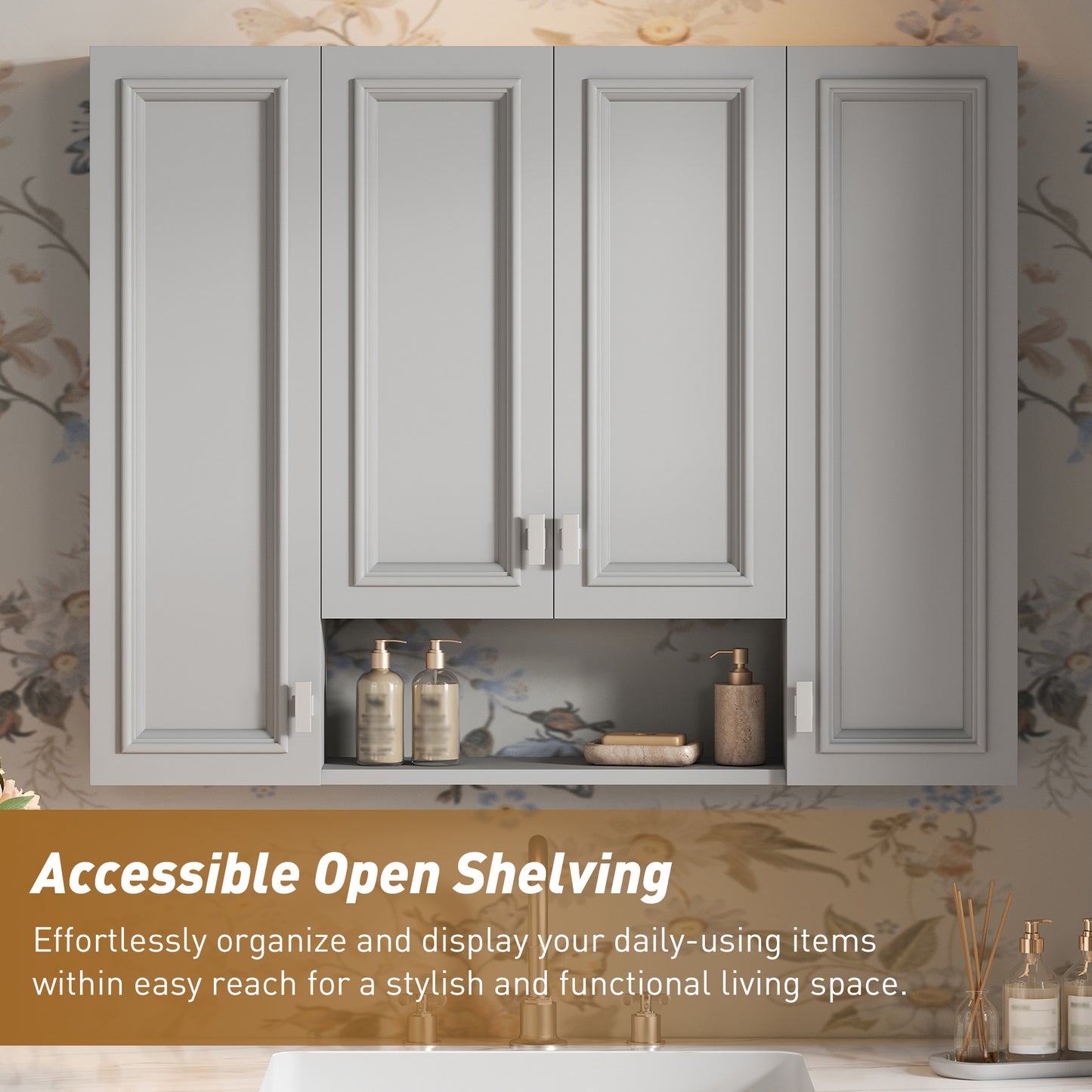 Wall-Mounted Modern Bathroom Cabinet with 5 Adjustable Shelves - Gray