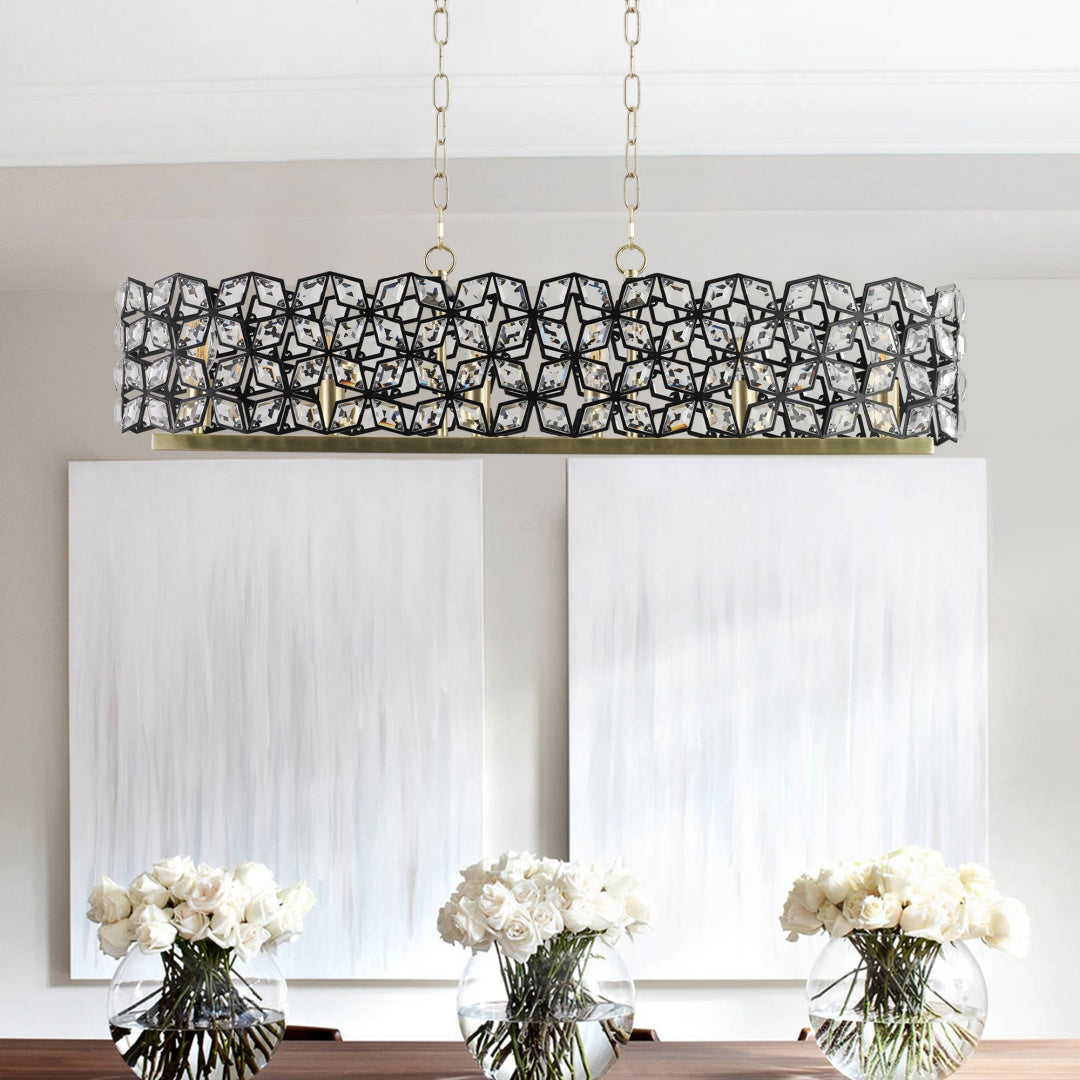 Contemporary Crystal Pendant Chandelier - Black & Gold Modern Light Fixture for Dining Room