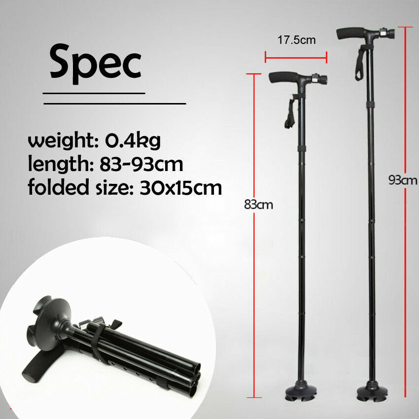 Folding Aluminium Walking Cane with Flashlight - Black
