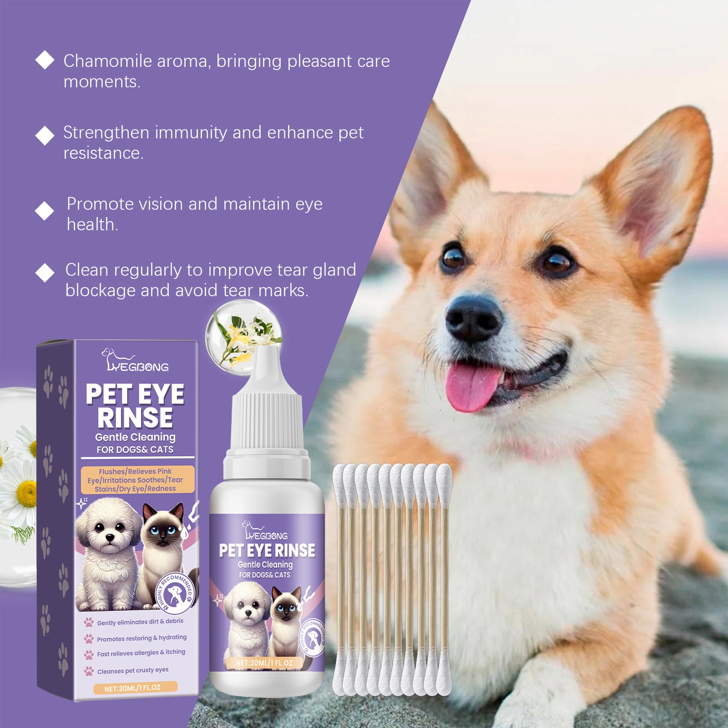 Pet Eye Rinse Solution for Dogs & Cats with Hyaluronic Acid & Honeysuckle 30ml + Cotton Swabs