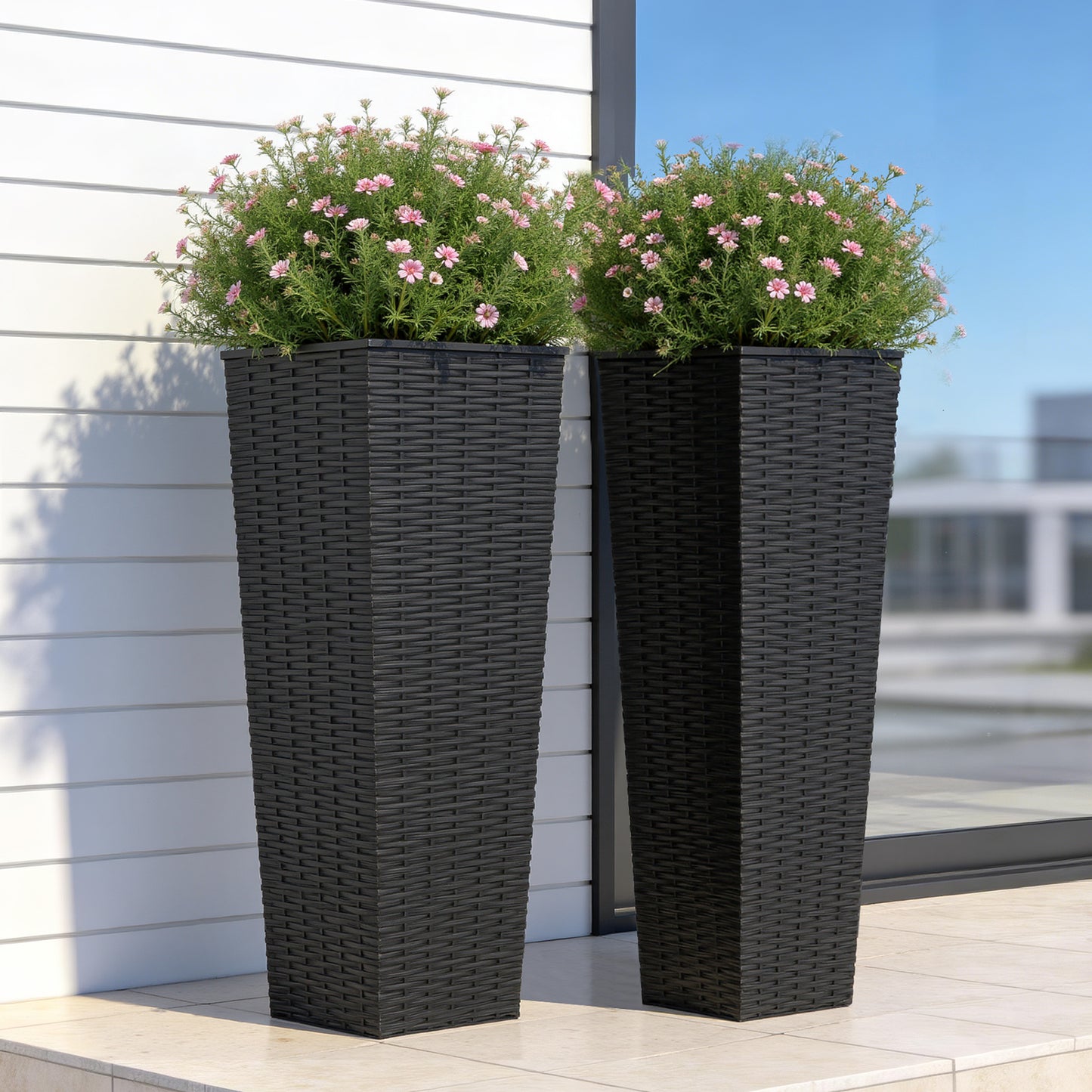 32-Inch Tall Resin Planter Set - Modern Rectangular Pots with Drainage