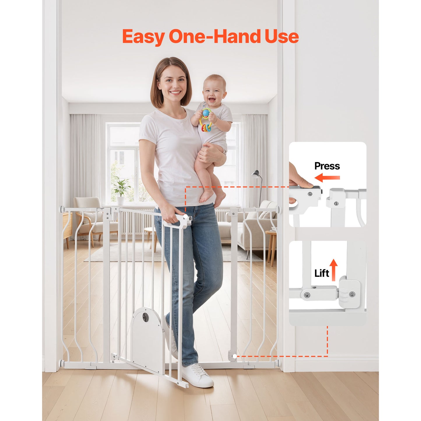 Adjustable Baby Gate for Stairs & Doorways with Cat Door, Pressure & Wall Mount, White