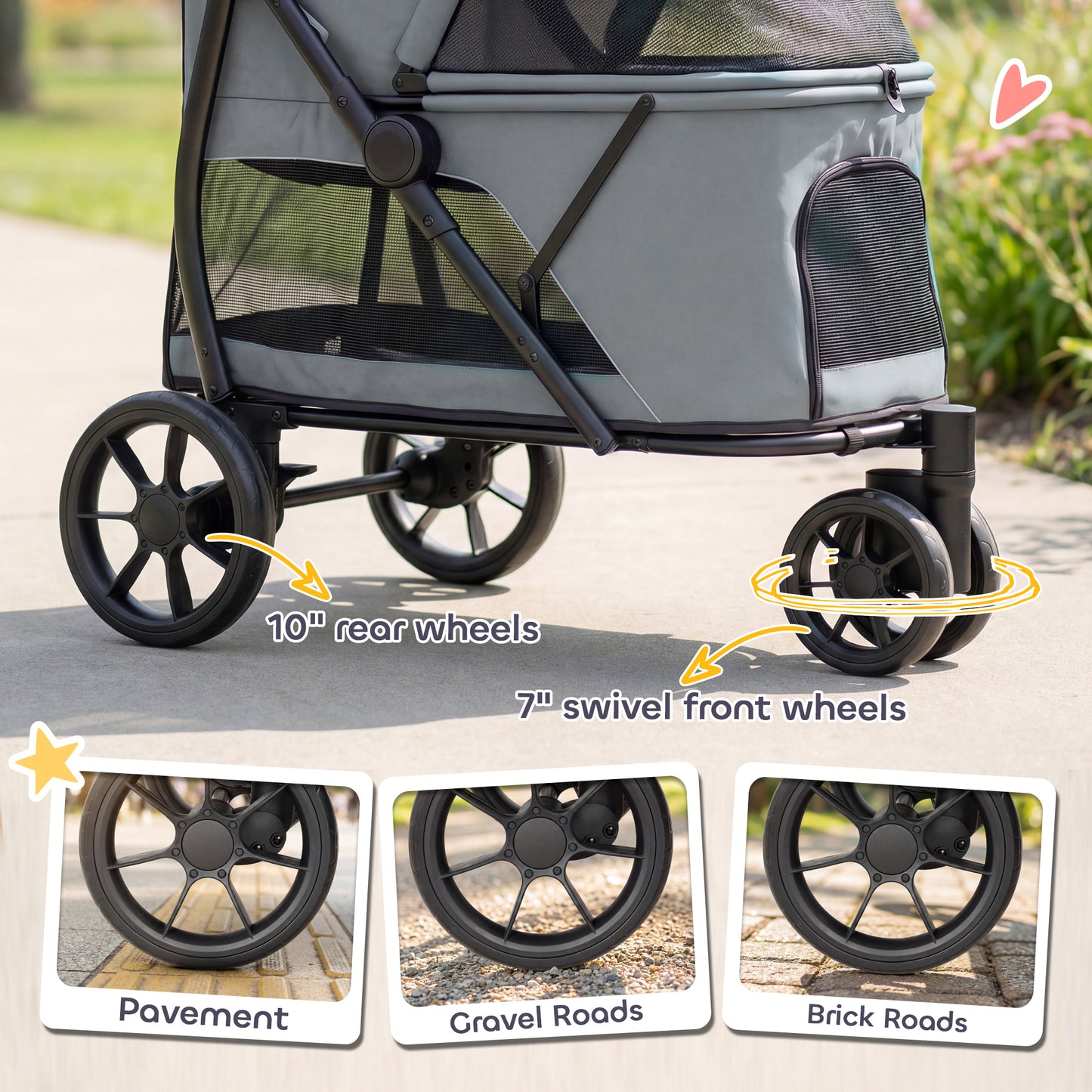 Medium Dog Pet Stroller Gray Foldable All-Terrain with Mesh Window & Washable Cushion