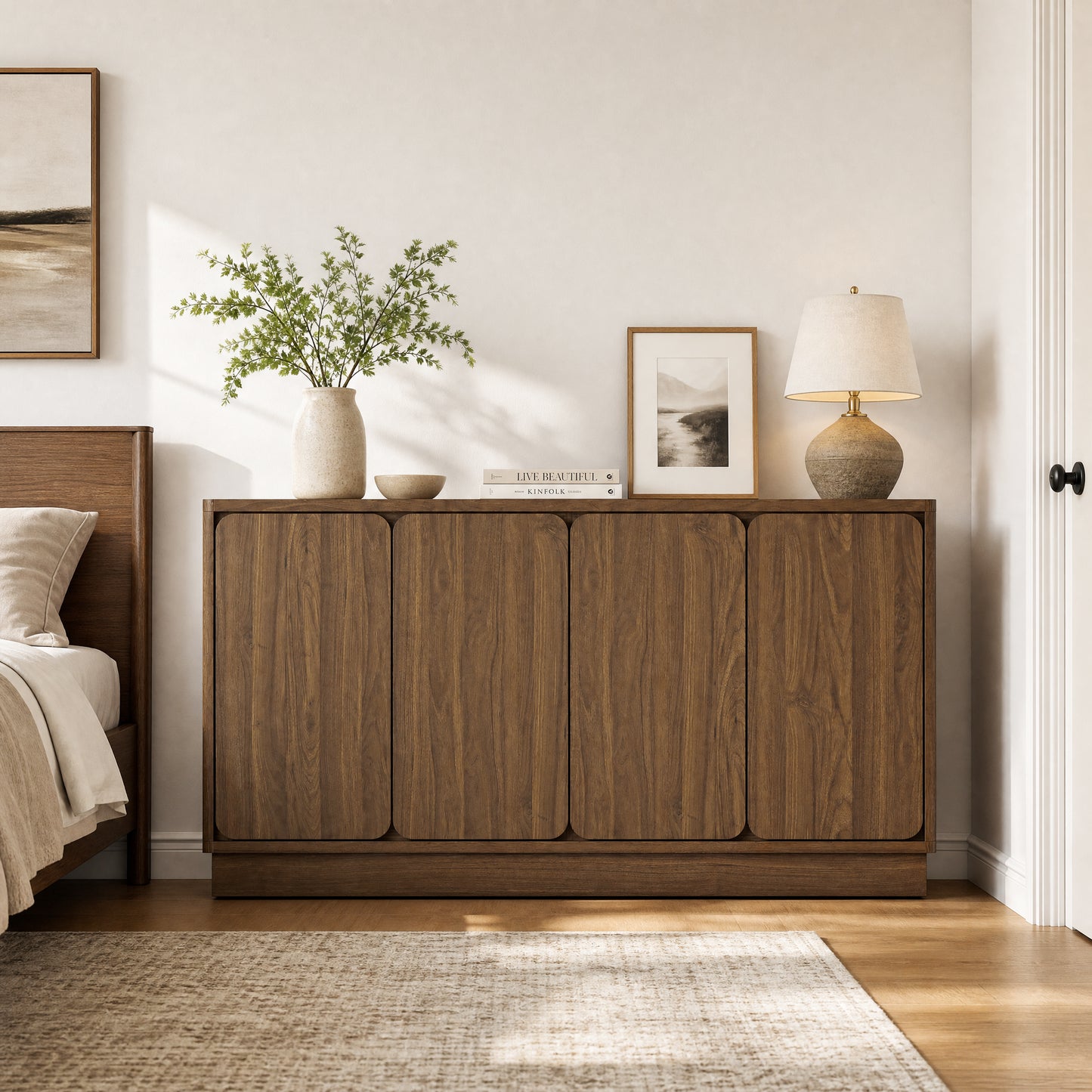 59.1" Walnut 4-Door Sideboard Buffet Cabinet with Adjustable Shelves