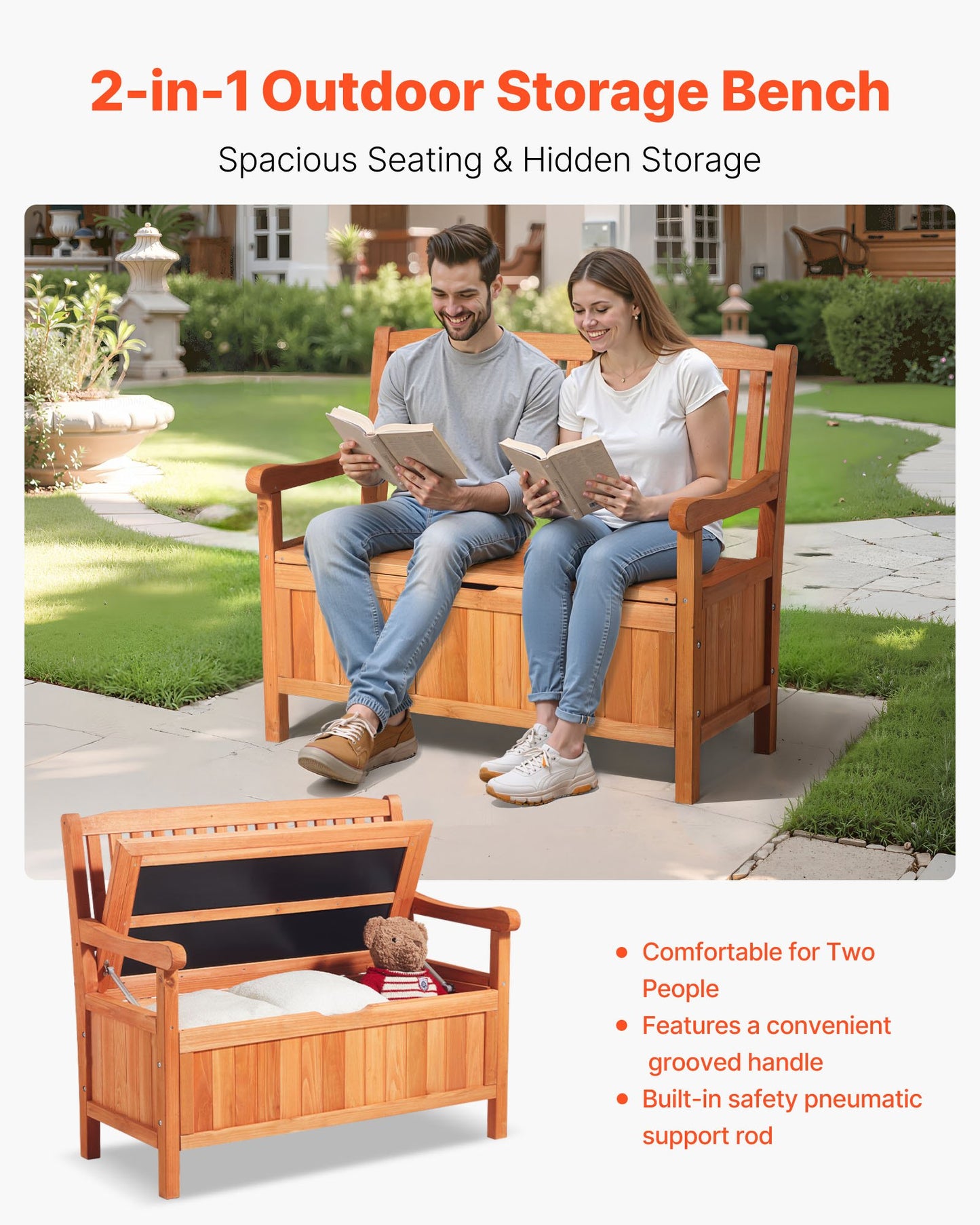 Outdoor Wooden Storage Bench and Seating, Waterproof Deck Box for Garden