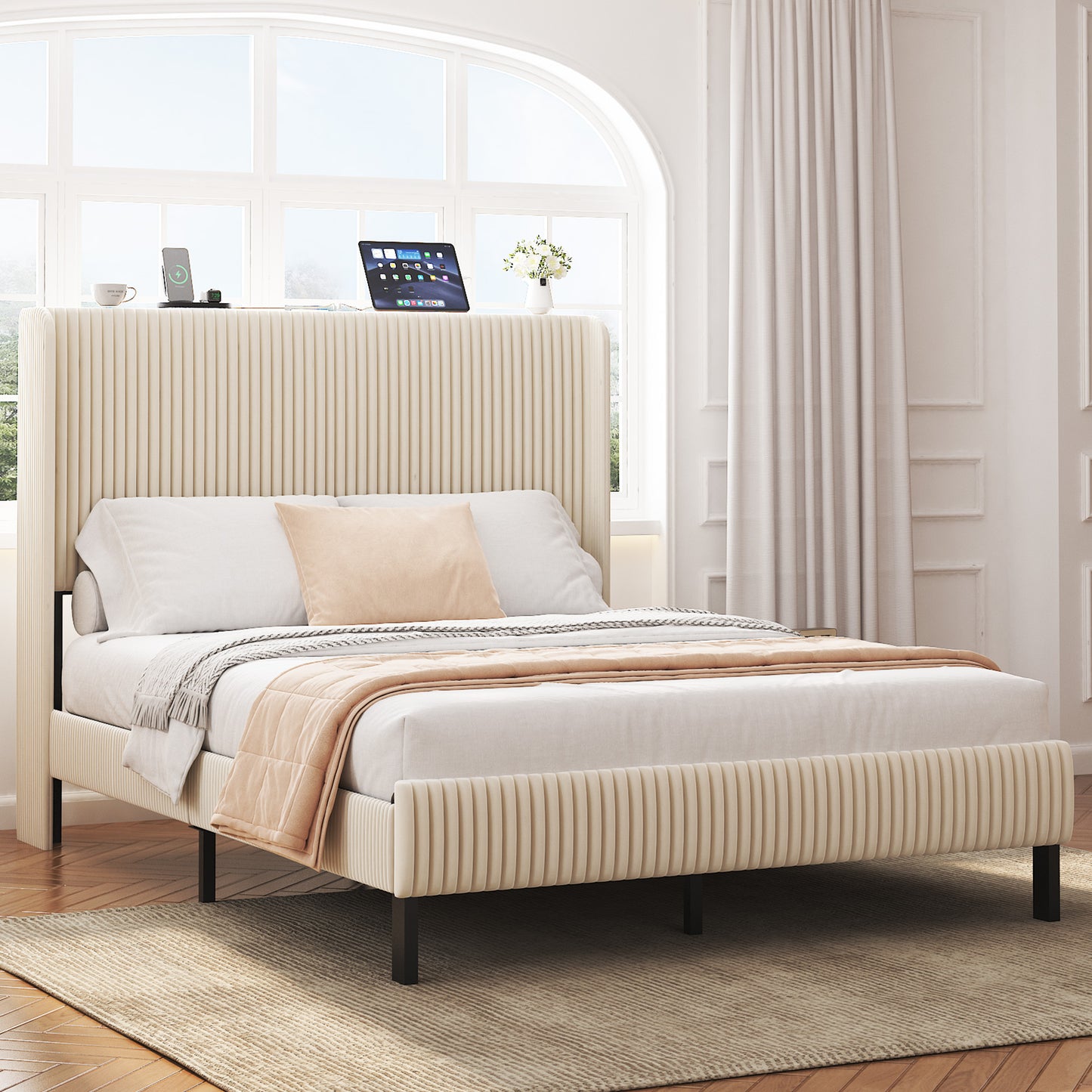 Full Metal Platform Bed Frame with Charging Station - Beige
