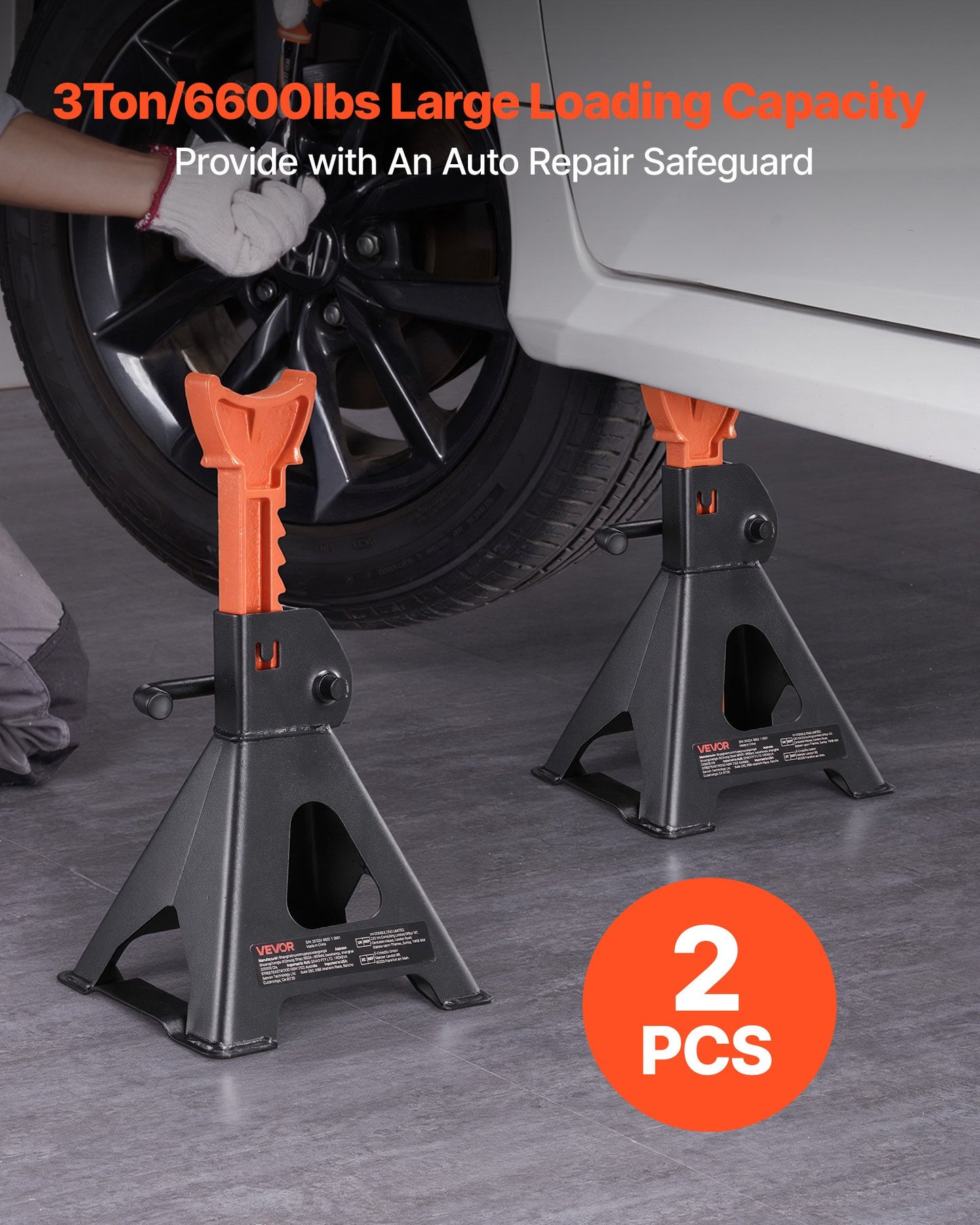 3 Ton Adjustable Car Jack Stands Set for SUVs, Pickup Trucks & ATV/UTV - Heavy Duty Steel with Locking - Black and Orange