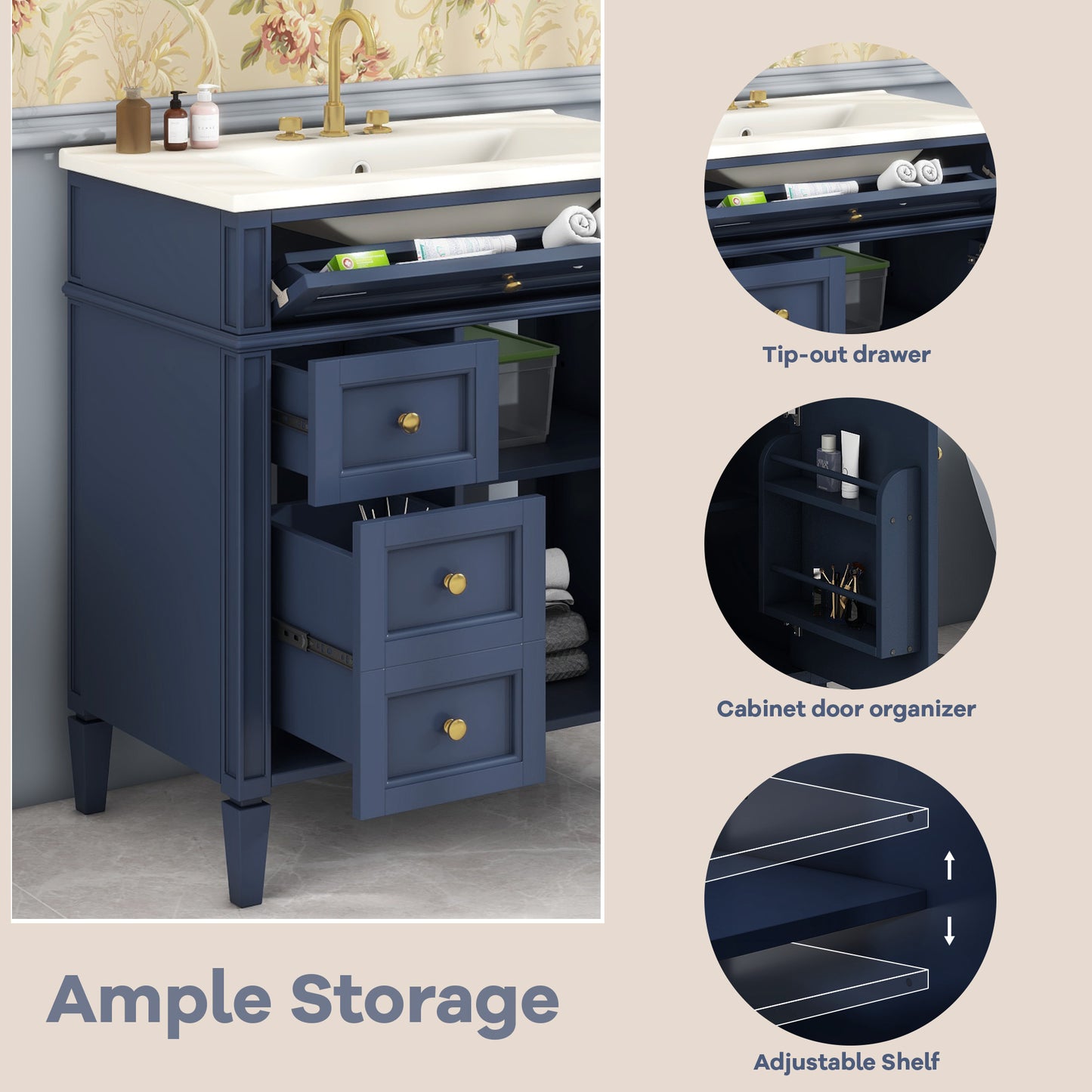 30'' Blue Bathroom Vanity with Ceramic Sink & Storage Drawers