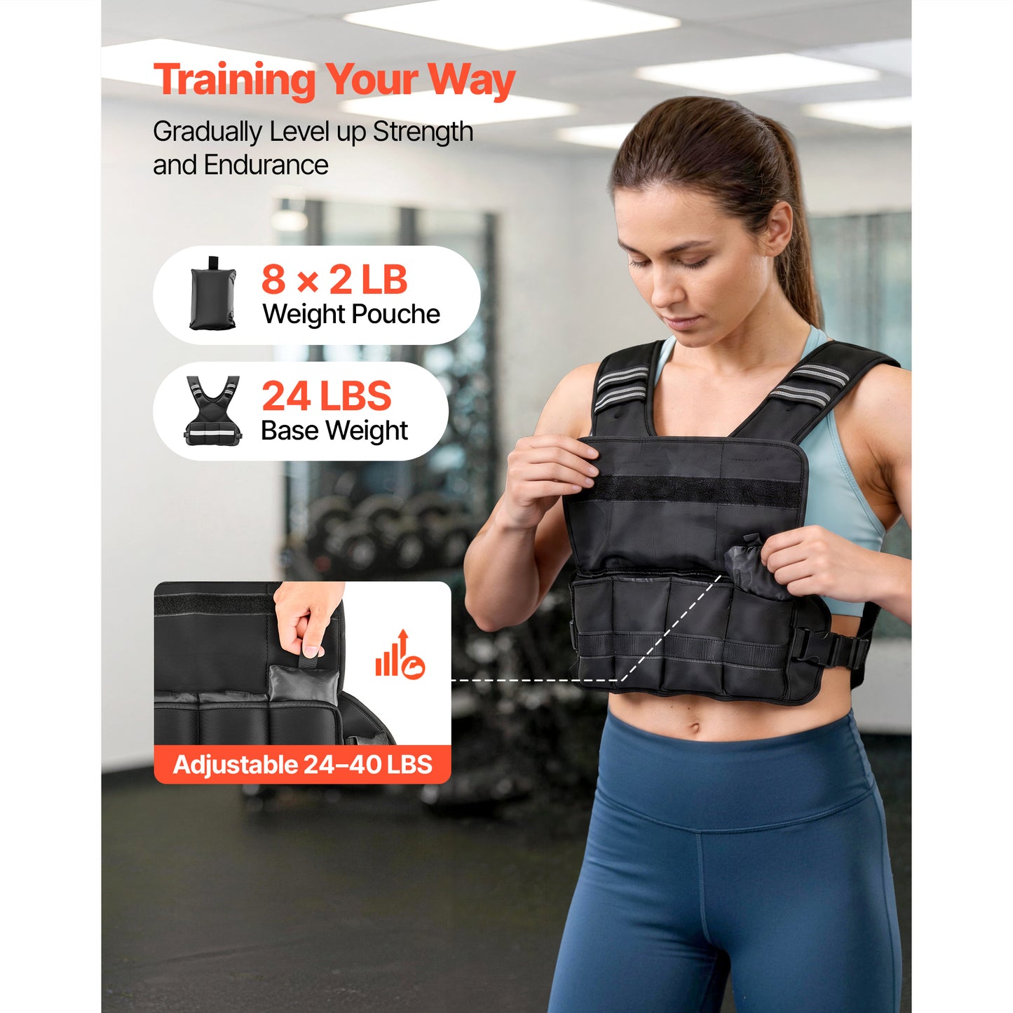 Adjustable Weighted Vest for Strength Training and Running - 24-40 Lbs, Reflective Stripe, Comfortable Fit