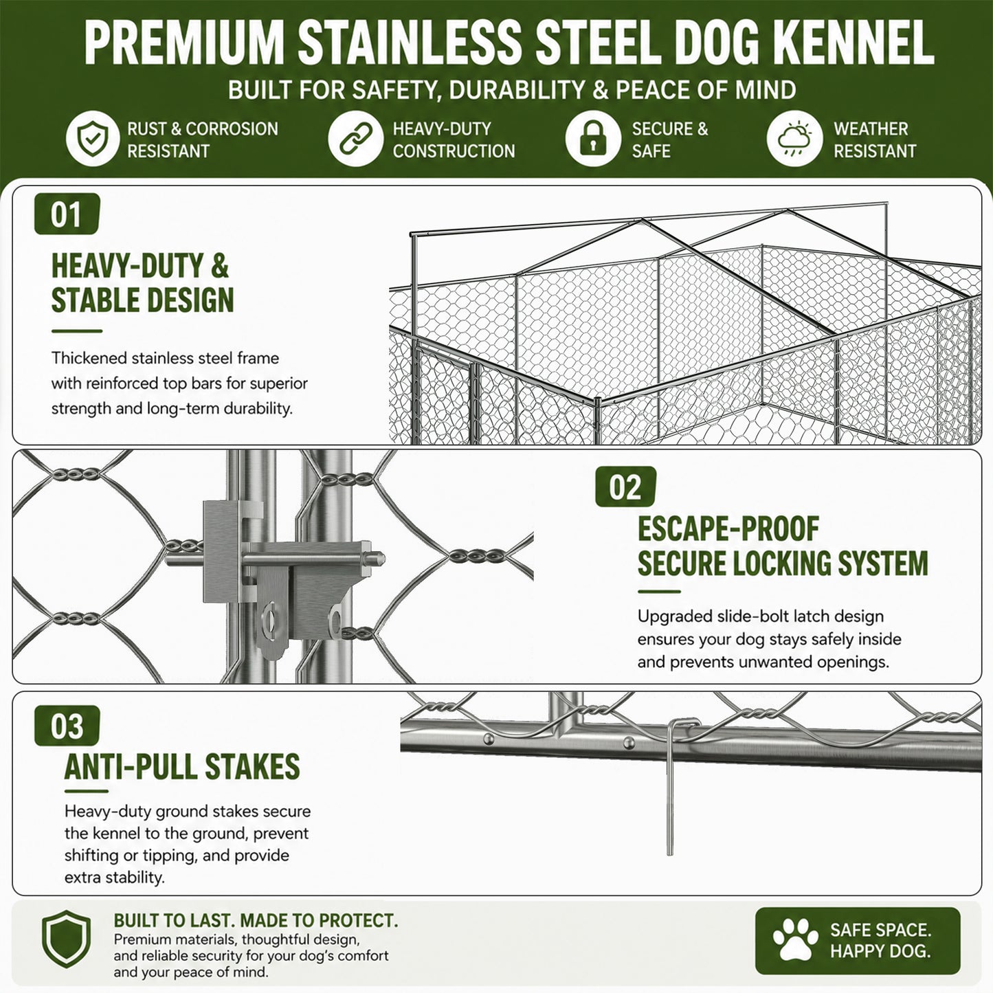 Large Outdoor Dog Kennel with Canopy, Galvanized Steel Frame, Waterproof Cover & Elevated Feeders