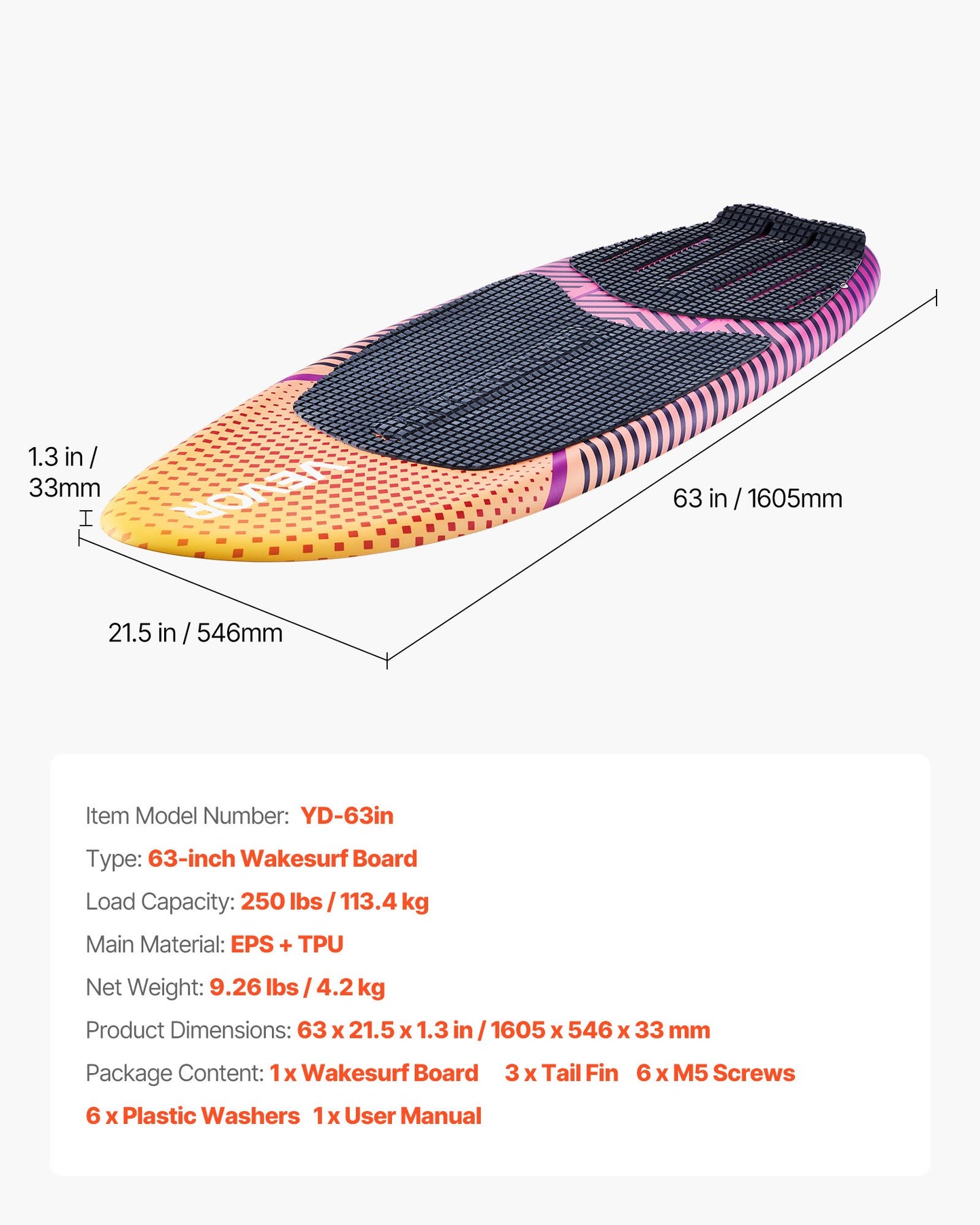 63-Inch Wakesurf Board with EPS Foam Core Non-Slip Pad & Fins - Black