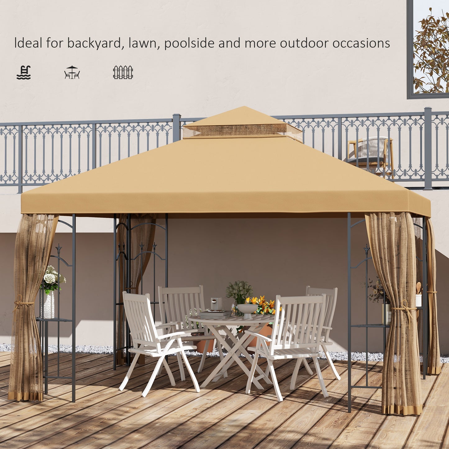 10x12 Outdoor Gazebo with Double Roof & Corner Shelves - Brown