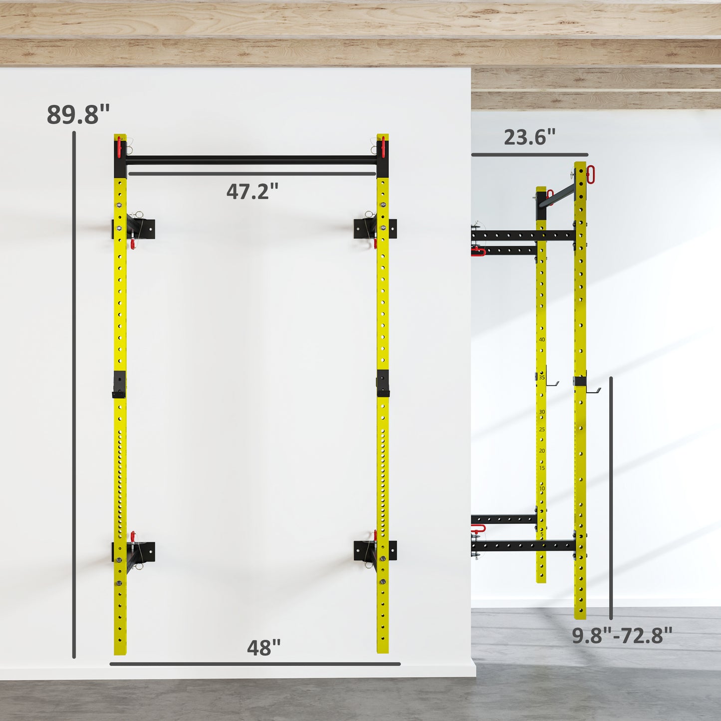 Adjustable Wall-Mounted Folding Squat Rack with Pull-Up Bar - Yellow
