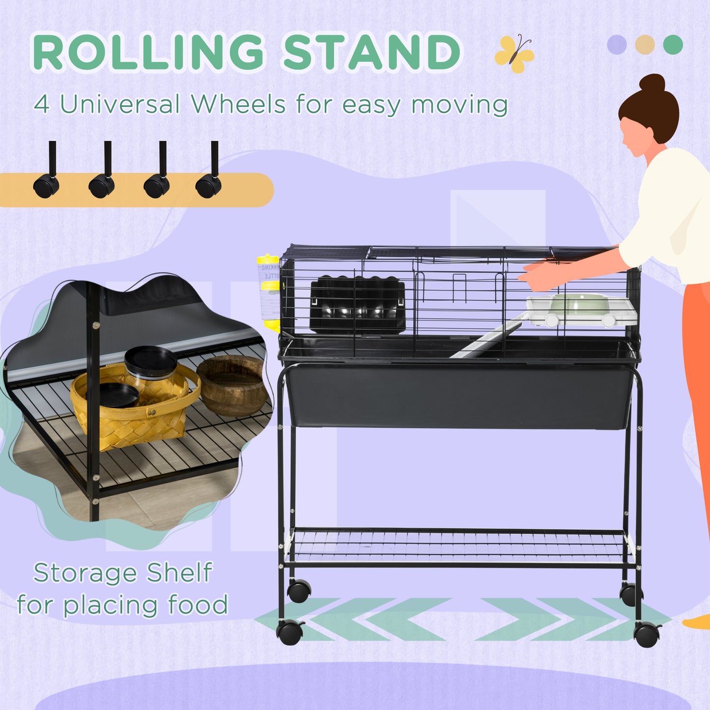 Small Animal Cage with Removable Stand, Wheels & Shelf - 33x18.5x35 in Charcoal Gray