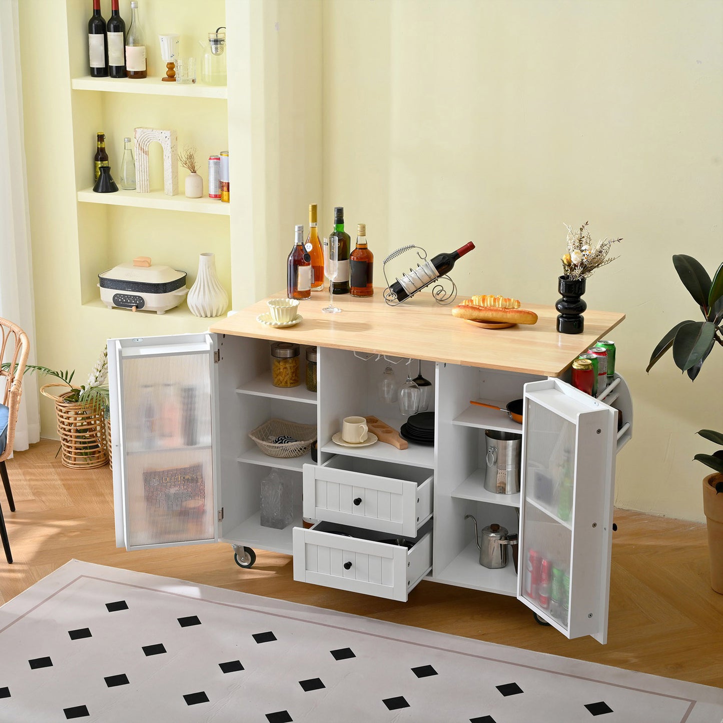 Kitchen Island Cart Rolling On Wheels With 13 Storage Areas Drop Leaf