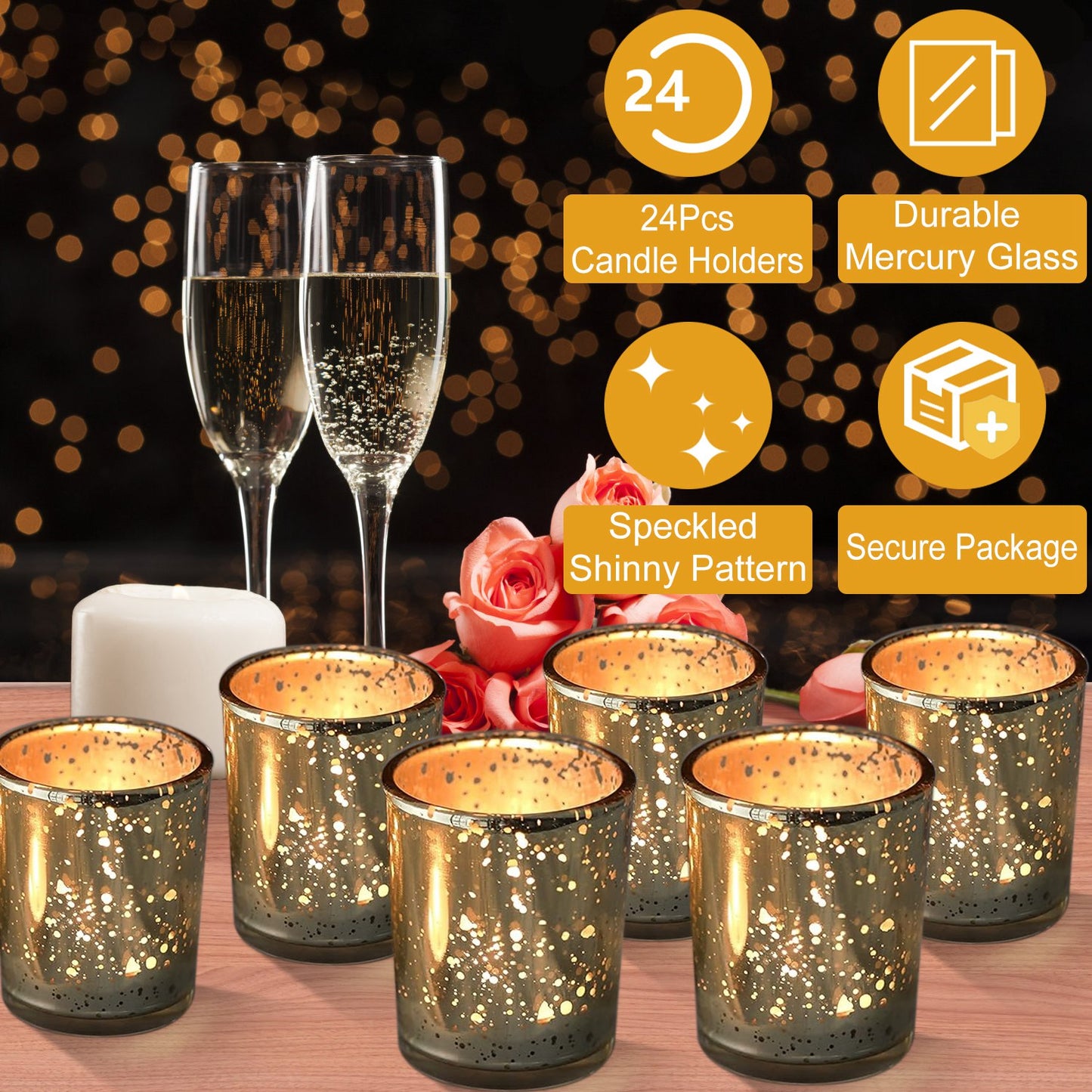 24Pcs Gold Mercury Glass Votive Candle Holders Set