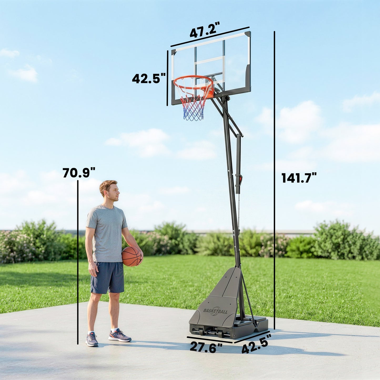 Adjustable Portable Basketball Hoop - 8-10ft Height, 47" Backboard