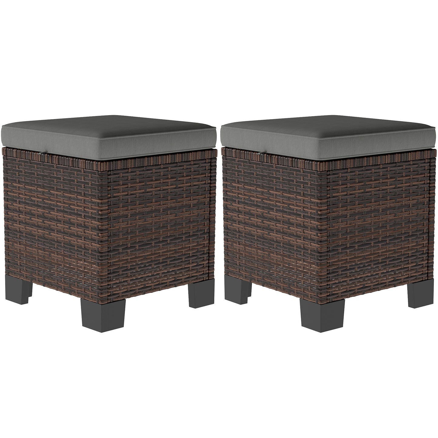 2-Piece Gray Wicker Outdoor Ottomans with Cushions