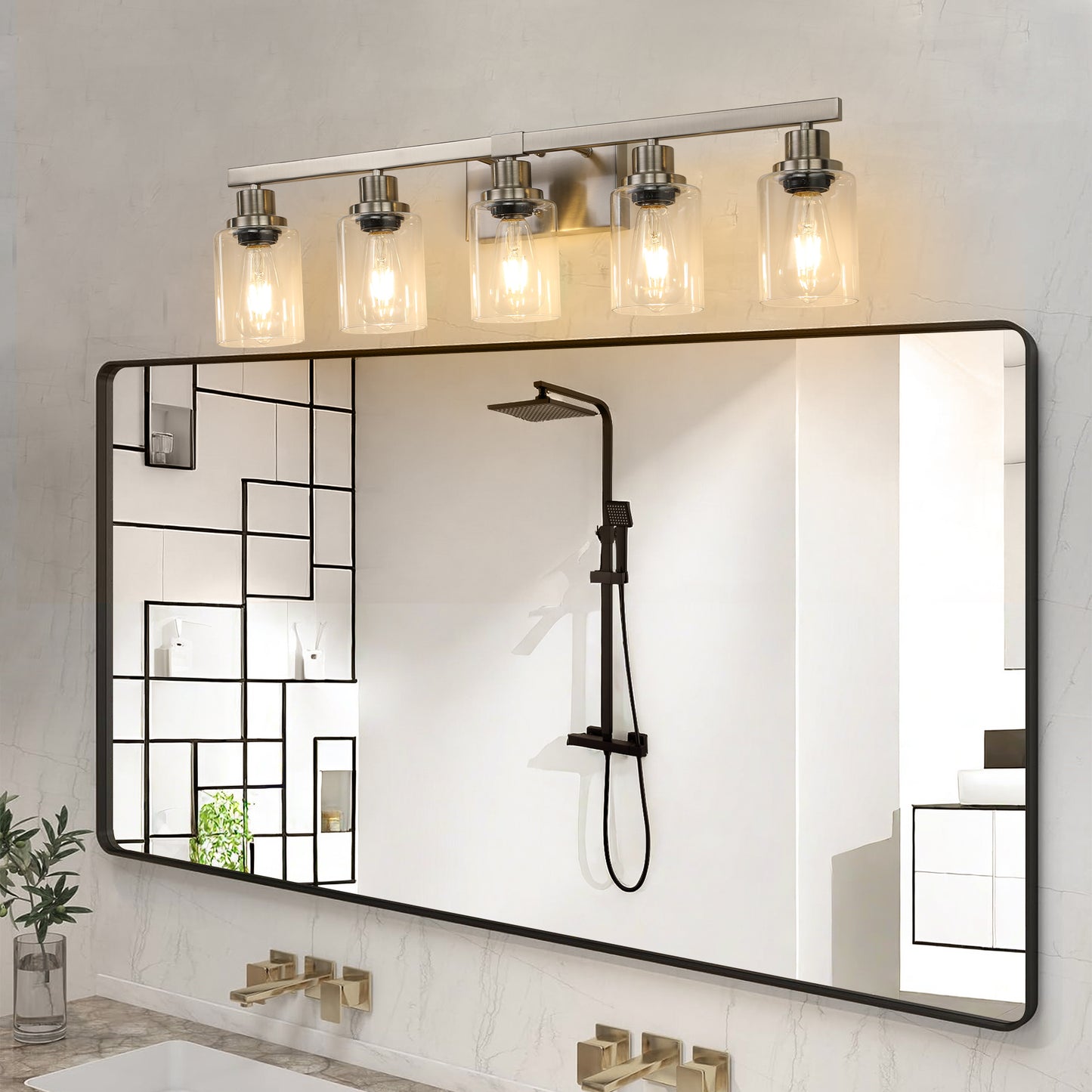 Modern 5-Light Bathroom Vanity Light Fixture - Brushed Nickel with Glass Shades