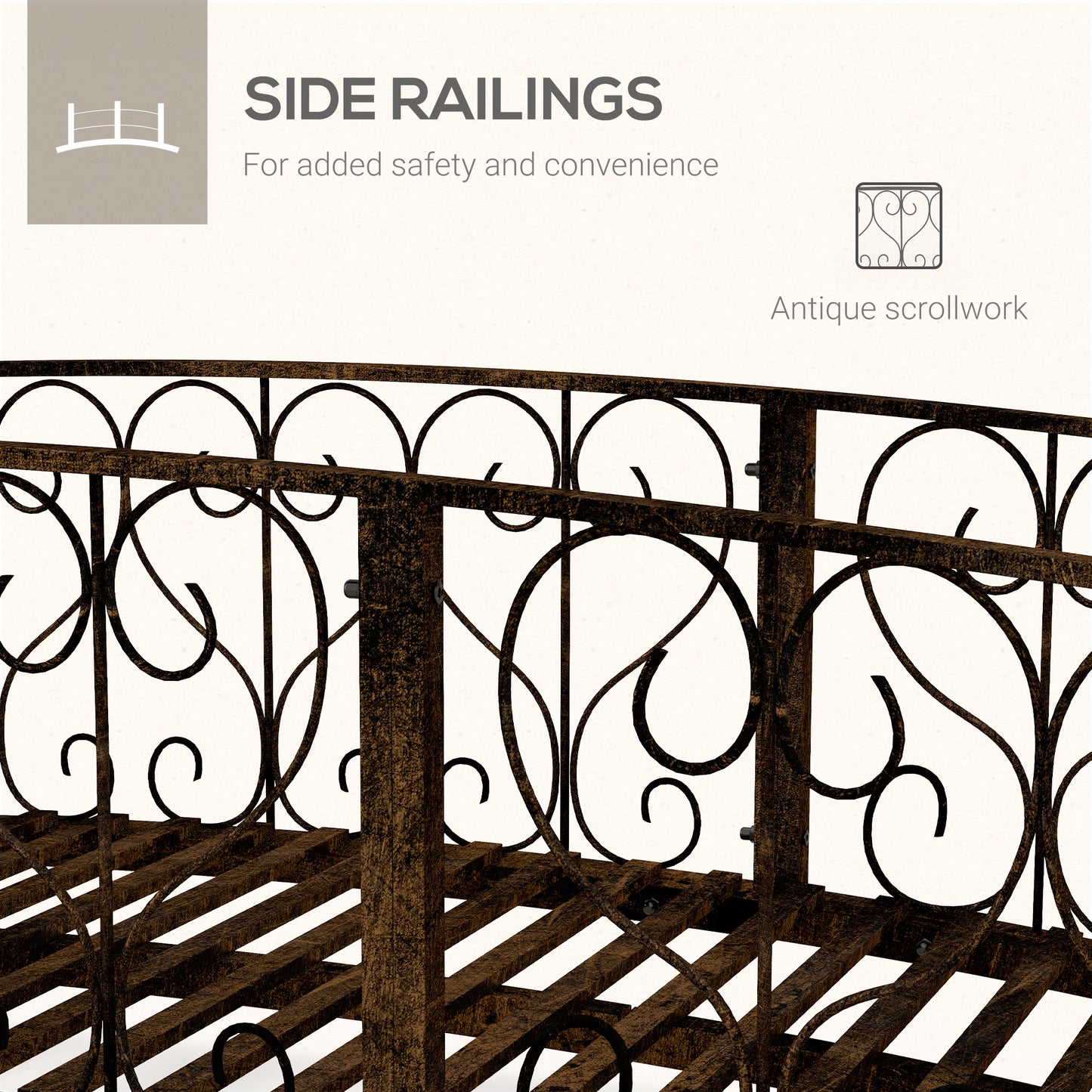 Bronze Metal Garden Arch Bridge with Side Railings, Decorative Scrollwork, 840x740x245 mm