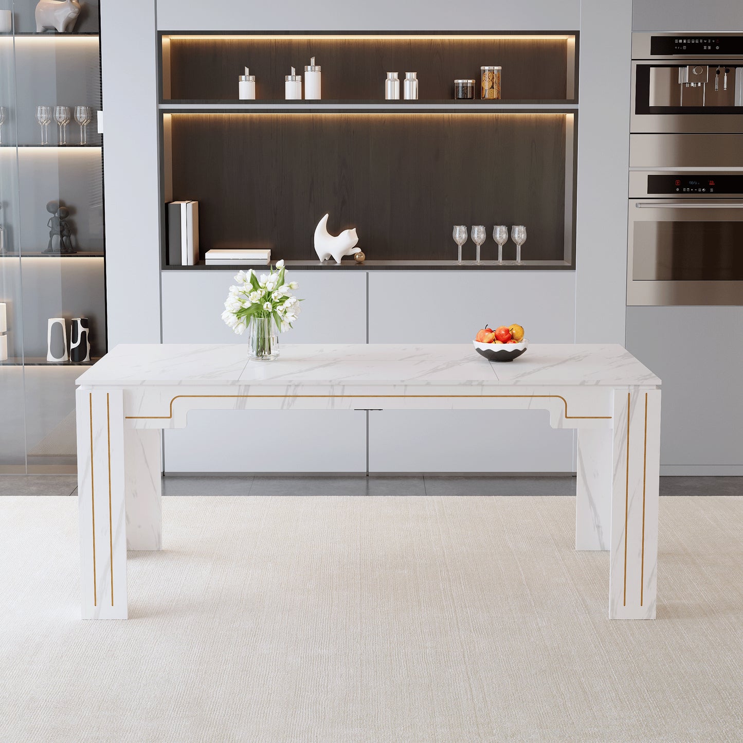 71 X 31.5 Inch White Marble Patterned MDF Spliced Tabletop Dining