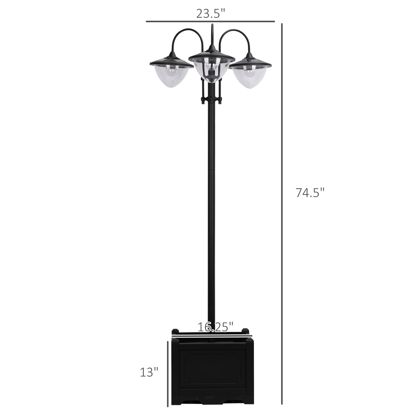 74.5" 3-Head Solar Lamp Post Light with Planter - Black