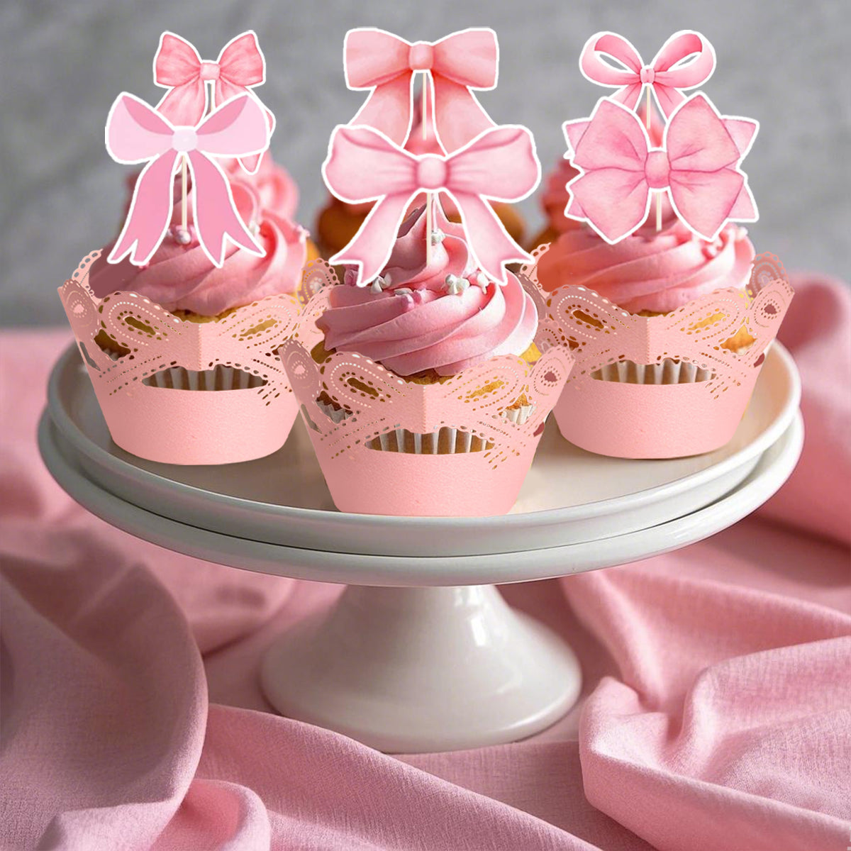 48-Piece Pink Bow Cupcake Toppers Kit - Party Supplies