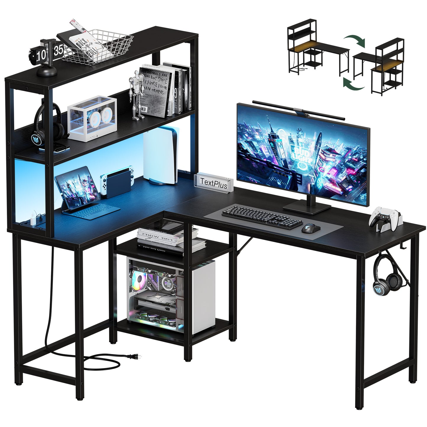L-Shaped Gaming Desk with Power Socket & RGB Lights