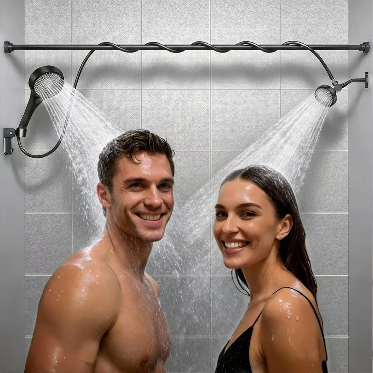 Dual-Head Pressurized Shower with Multi-Function Handheld Sprayer - Elegant Black