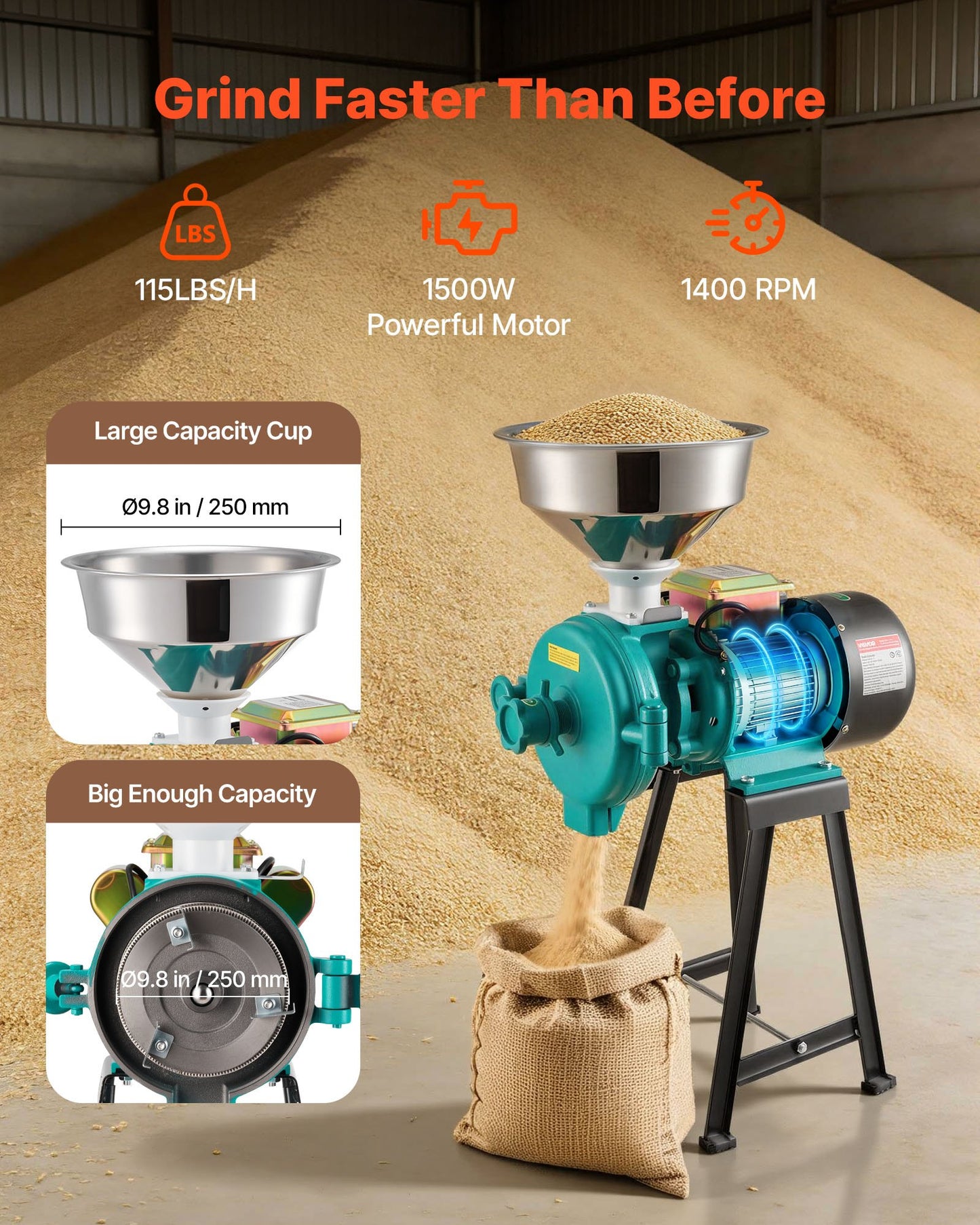 Electric Grain Mill Grinder 1500W Commercial Spice & Cereal Pulverizer - Black
