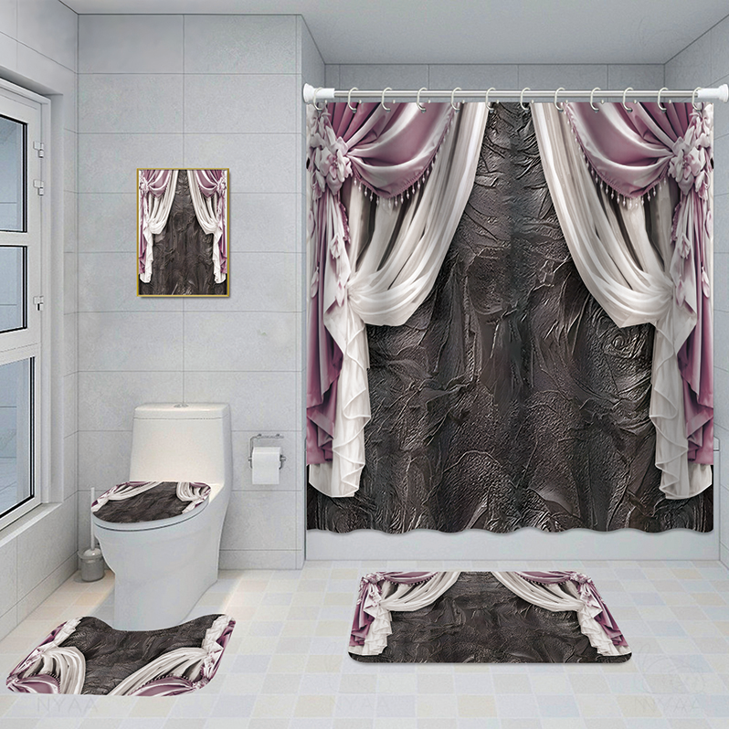 Bathroom 5-Piece Shower Curtain Set with Mat and Decorative Aluminum Frame