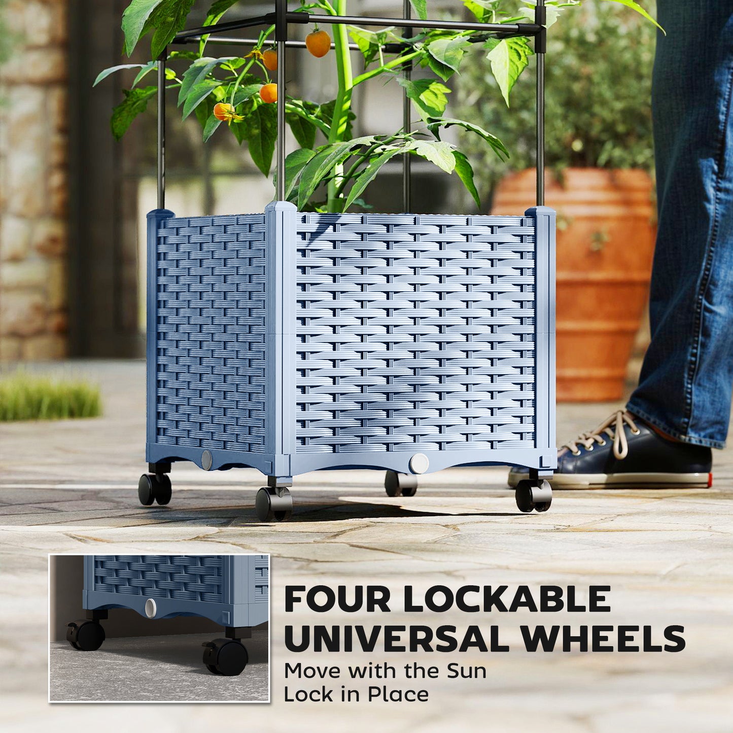 Raised Garden Bed with Trellis and Lockable Wheels - Self Watering Planter, Gray 440x440x160mm