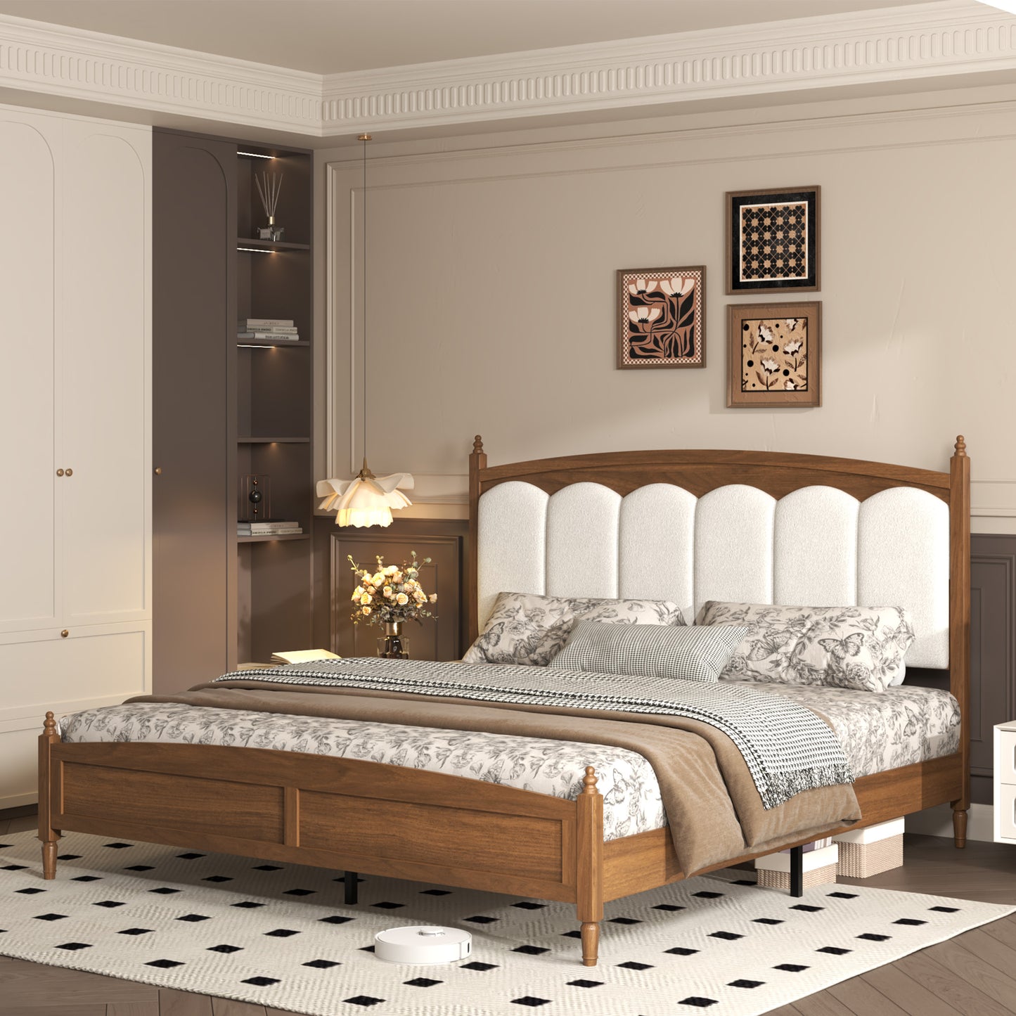 King Size Platform Bed Frame with Upholstered Headboard - Brown