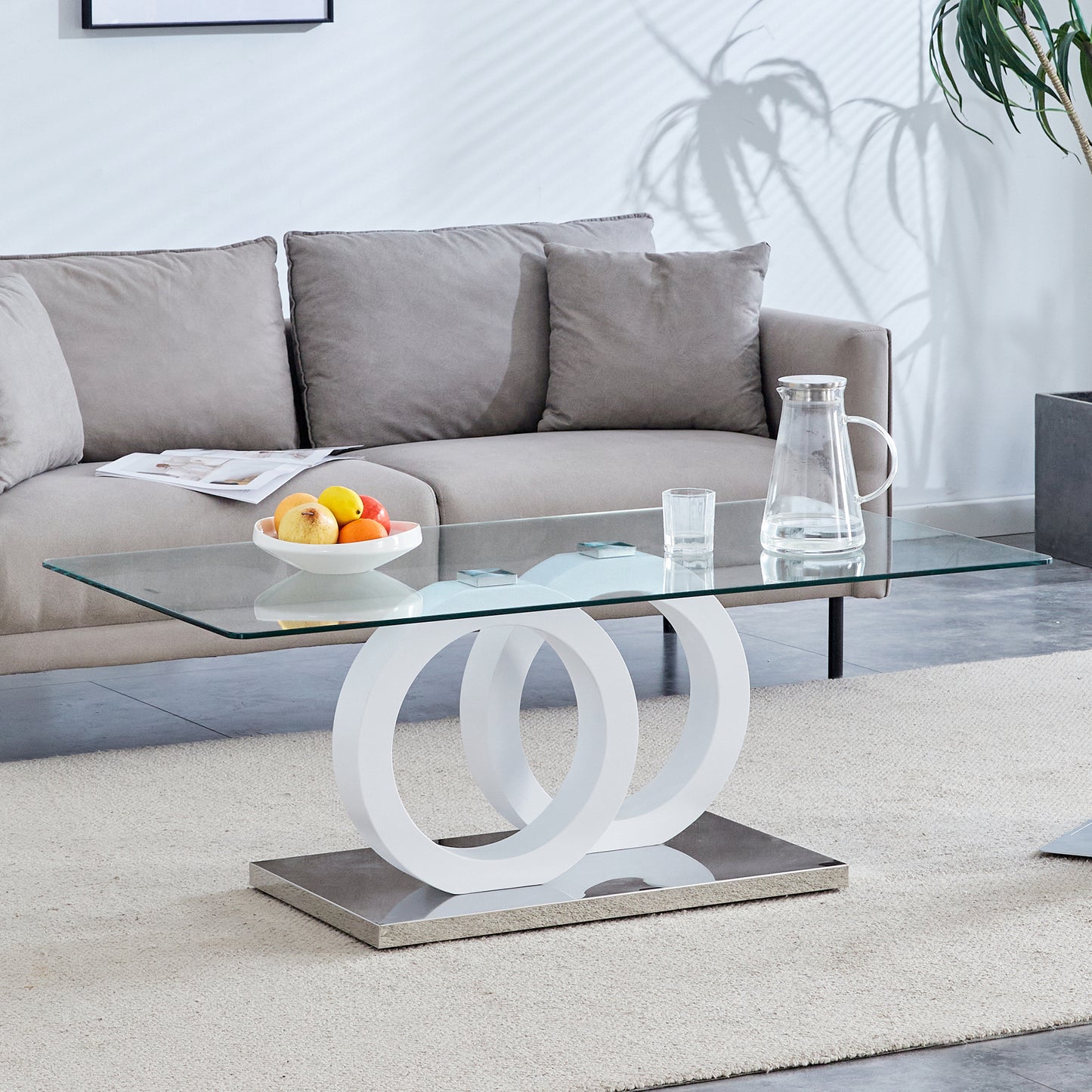 Modern Glass-Top MDF Coffee Table with White Base - 47.2x25.6x17.8 Inches