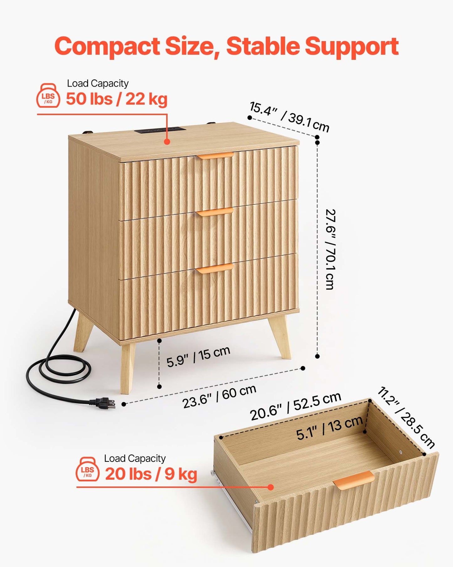 Nightstands with Charging Station - Set of 2, Mid-Century Modern Bedside Tables