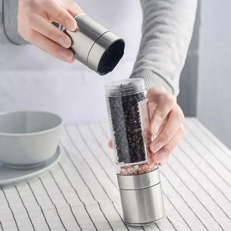 Salt and Pepper Grinder Set 2-in-1 Stainless Steel Manual Spice Mills Adjustable Ceramic Grinding Kitchen Tool Silver