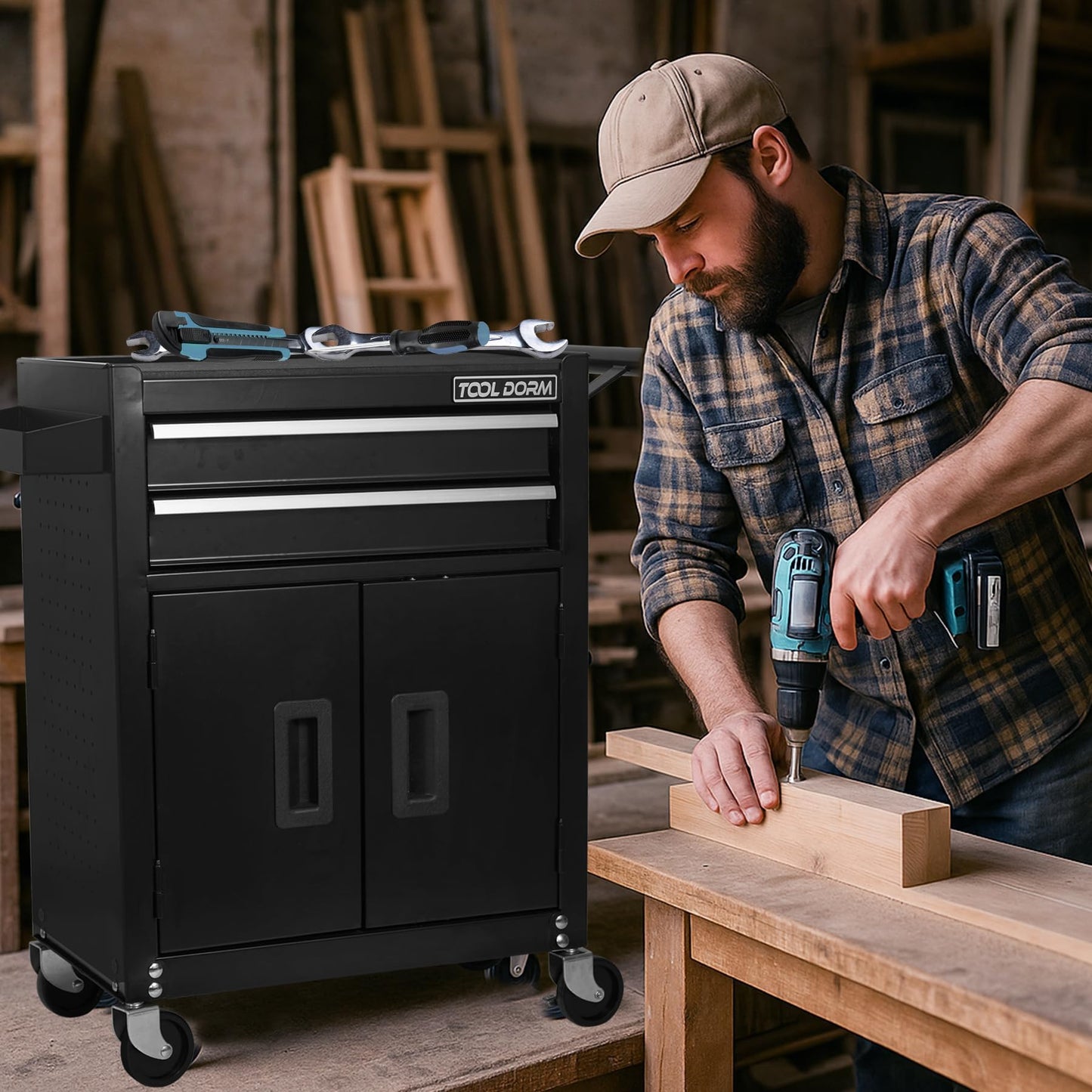 Double-Door Tool Storage Cabinet with 2 Drawers, Heavy-Duty Steel, Lockable Doors