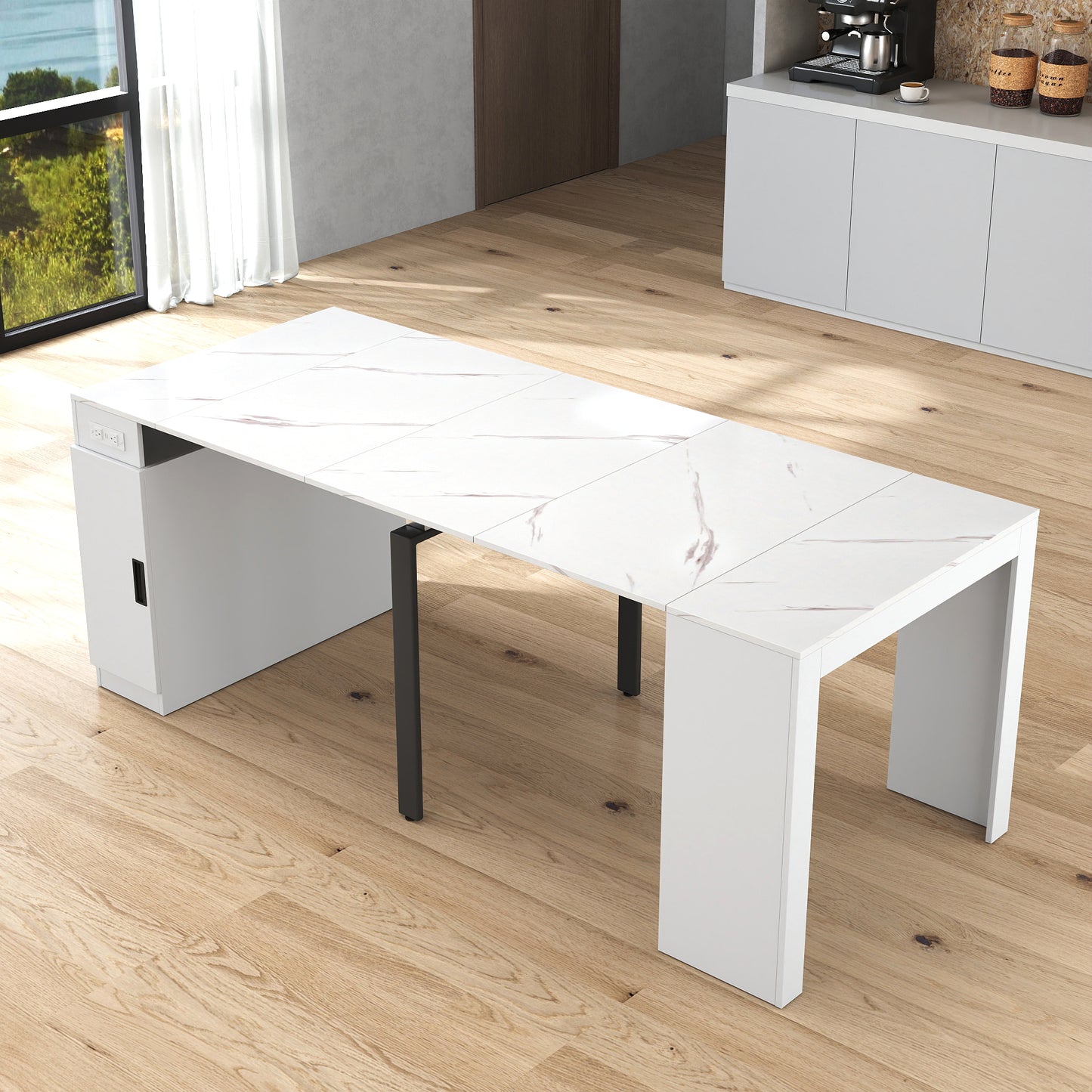 Extendable Dining Table with Outlet - Space-Saving White Design